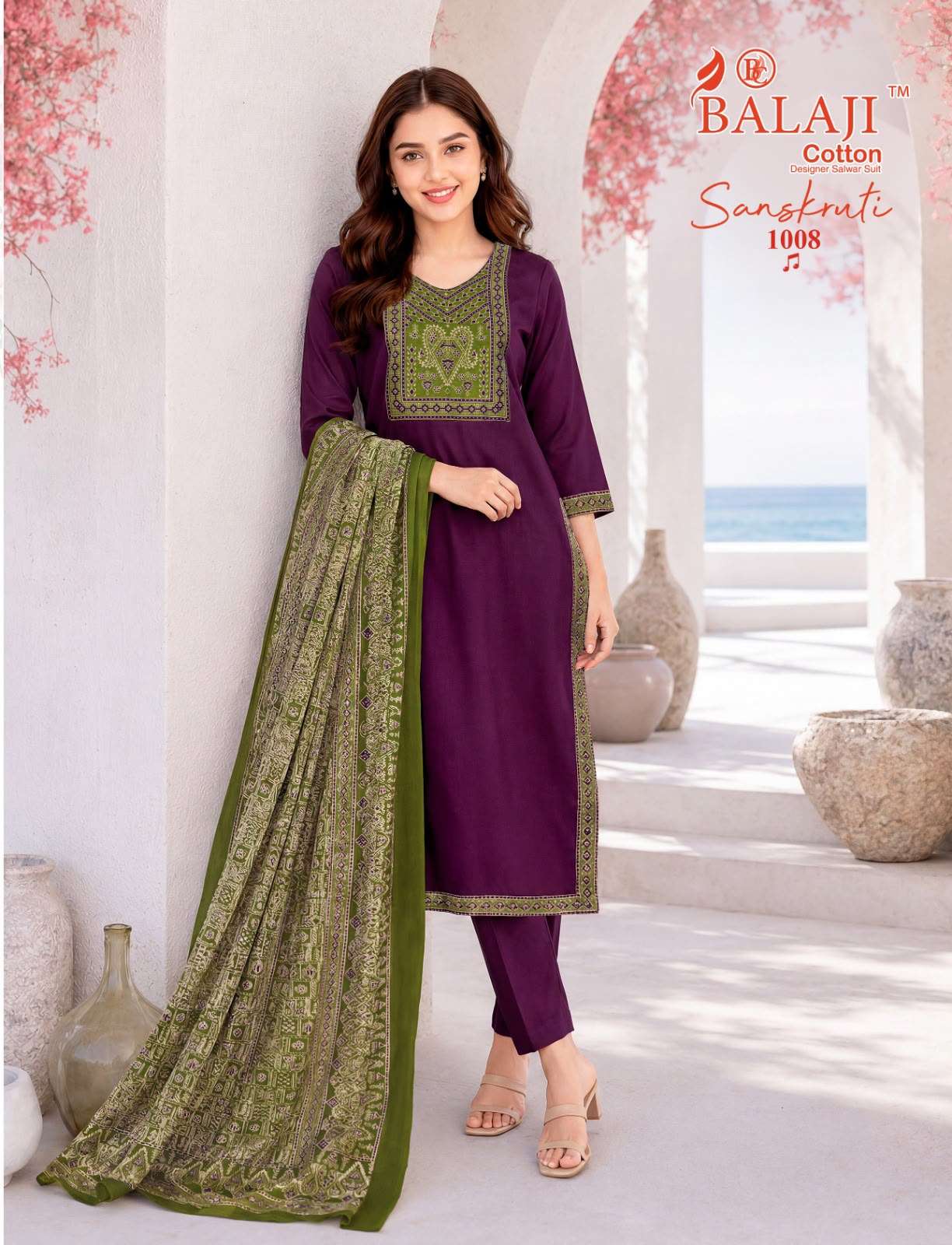  BALAJI COTTON SANSKRUTI VOL 1 COTTON AJRAK PRINT KURTI PANT WITH DUPATTA SET 