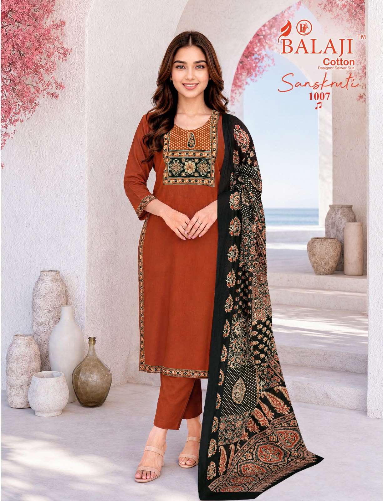 BALAJI COTTON SANSKRUTI VOL 1 COTTON AJRAK PRINT KURTI PANT WITH DUPATTA SET 