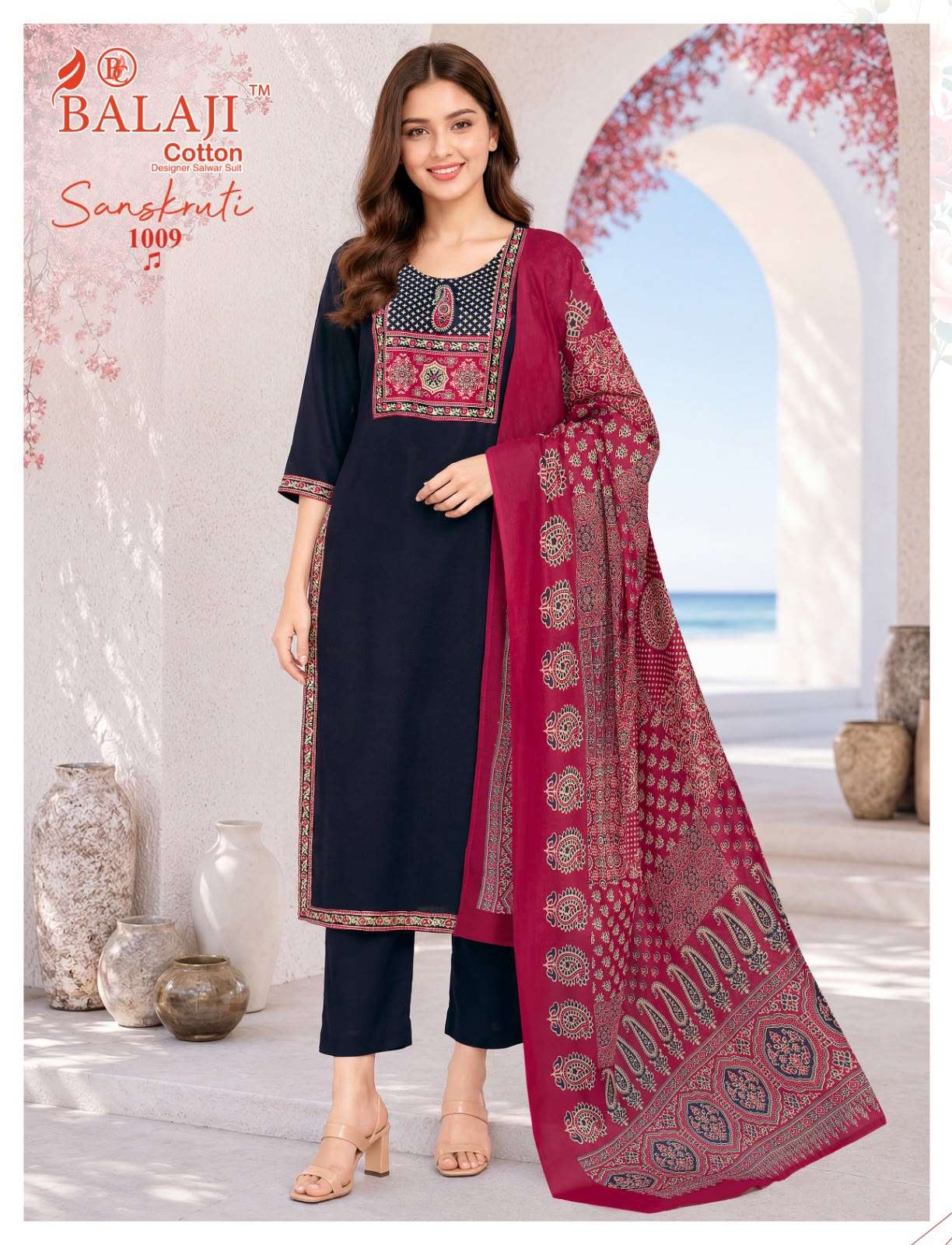 BALAJI COTTON SANSKRUTI VOL 1 COTTON AJRAK PRINT KURTI PANT WITH DUPATTA SET 