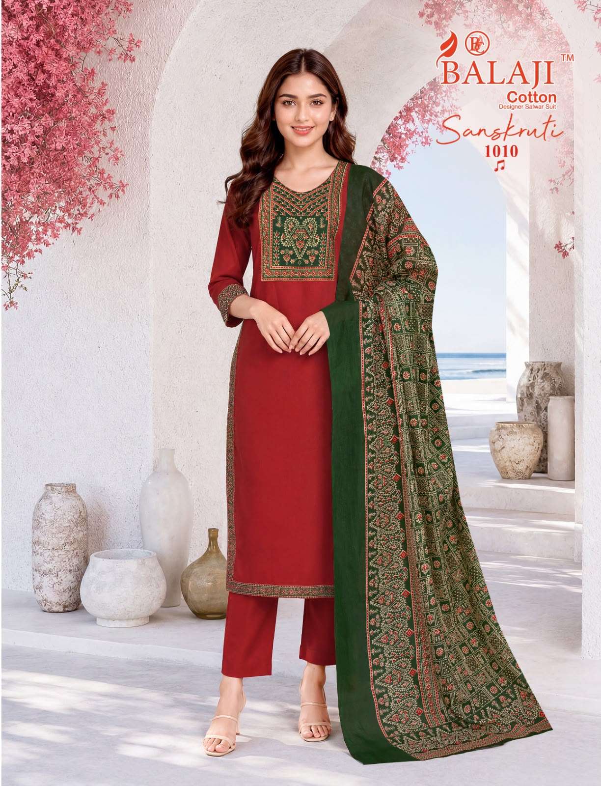  BALAJI COTTON SANSKRUTI VOL 1 COTTON AJRAK PRINT KURTI PANT WITH DUPATTA SET 