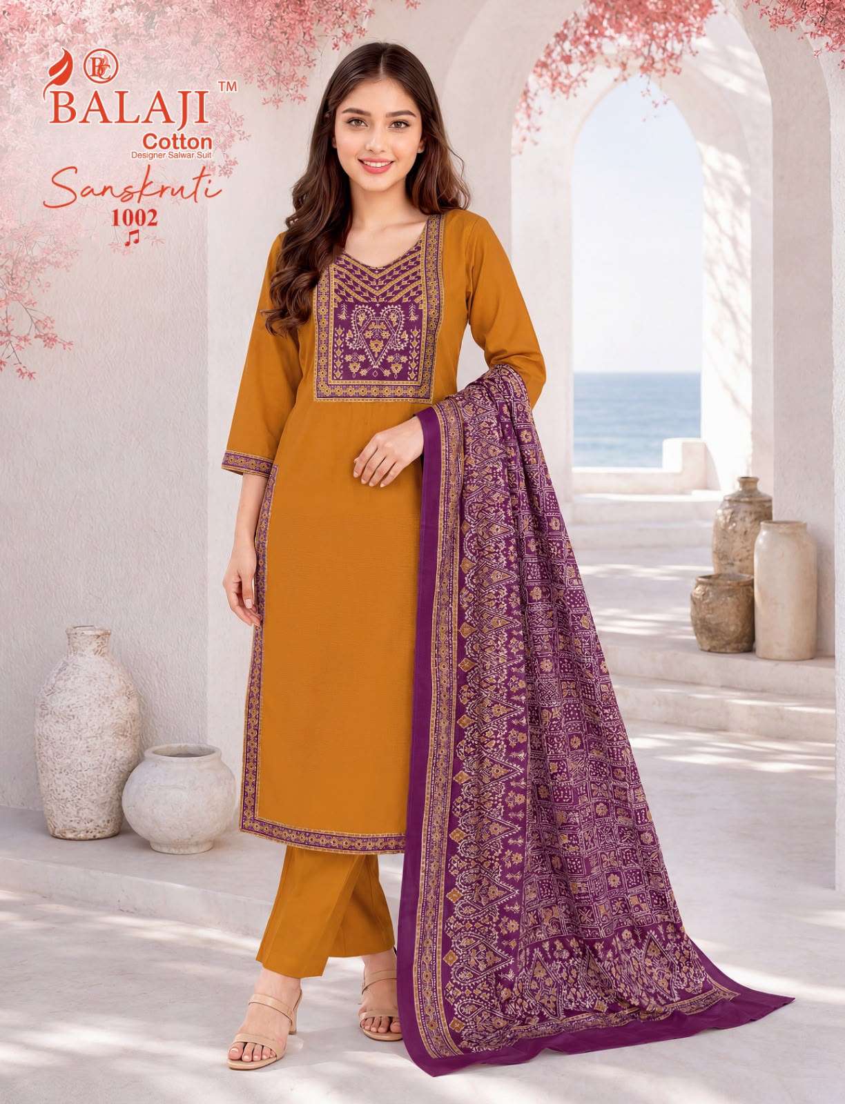  BALAJI COTTON SANSKRUTI VOL 1 COTTON AJRAK PRINT KURTI PANT WITH DUPATTA SET 