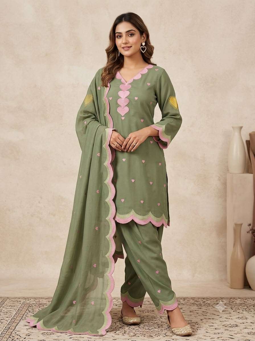 BE 490 CHANDERI SILK DESIGNER EMBROIDERED WORKED TOP SALWAAR WITH DUPATTA