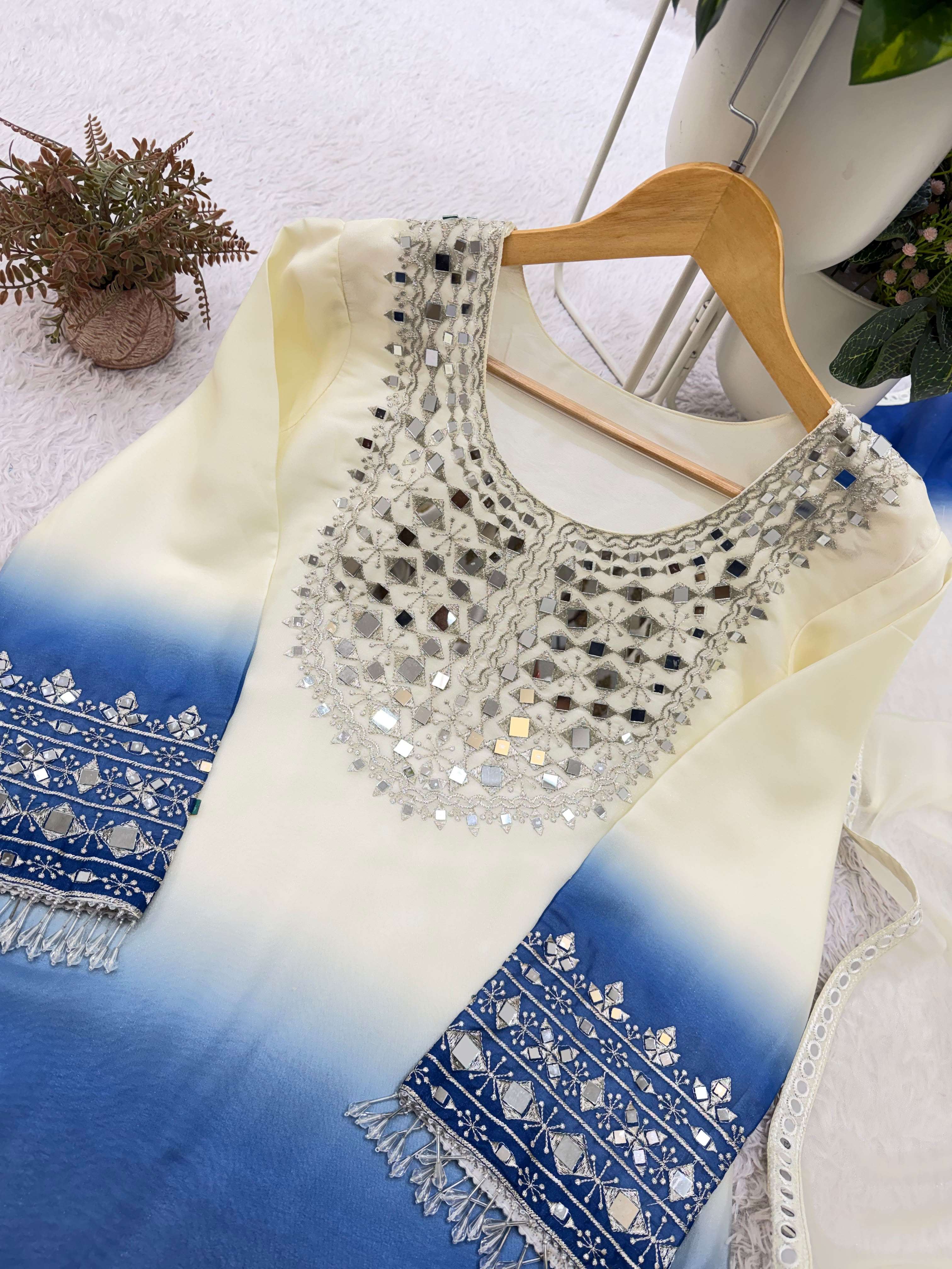 BE 491 MIRROR EMBROIDERED WORKED TOP PLAZZO WITH DUPATTA SET