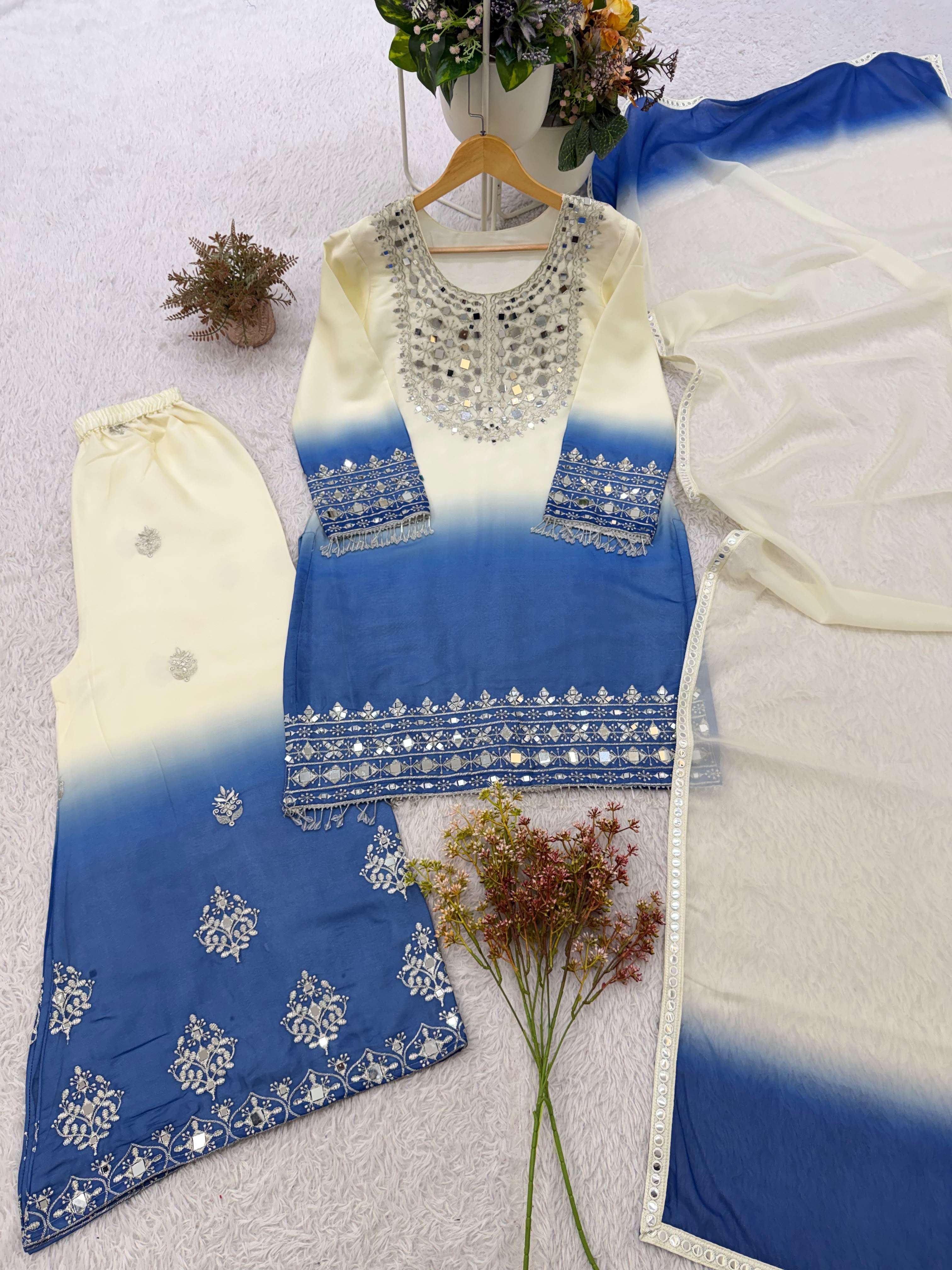 BE 491 MIRROR EMBROIDERED WORKED TOP PLAZZO WITH DUPATTA SET