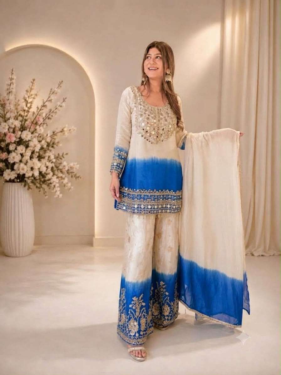 BE 491 MIRROR EMBROIDERED WORKED TOP PLAZZO WITH DUPATTA SET