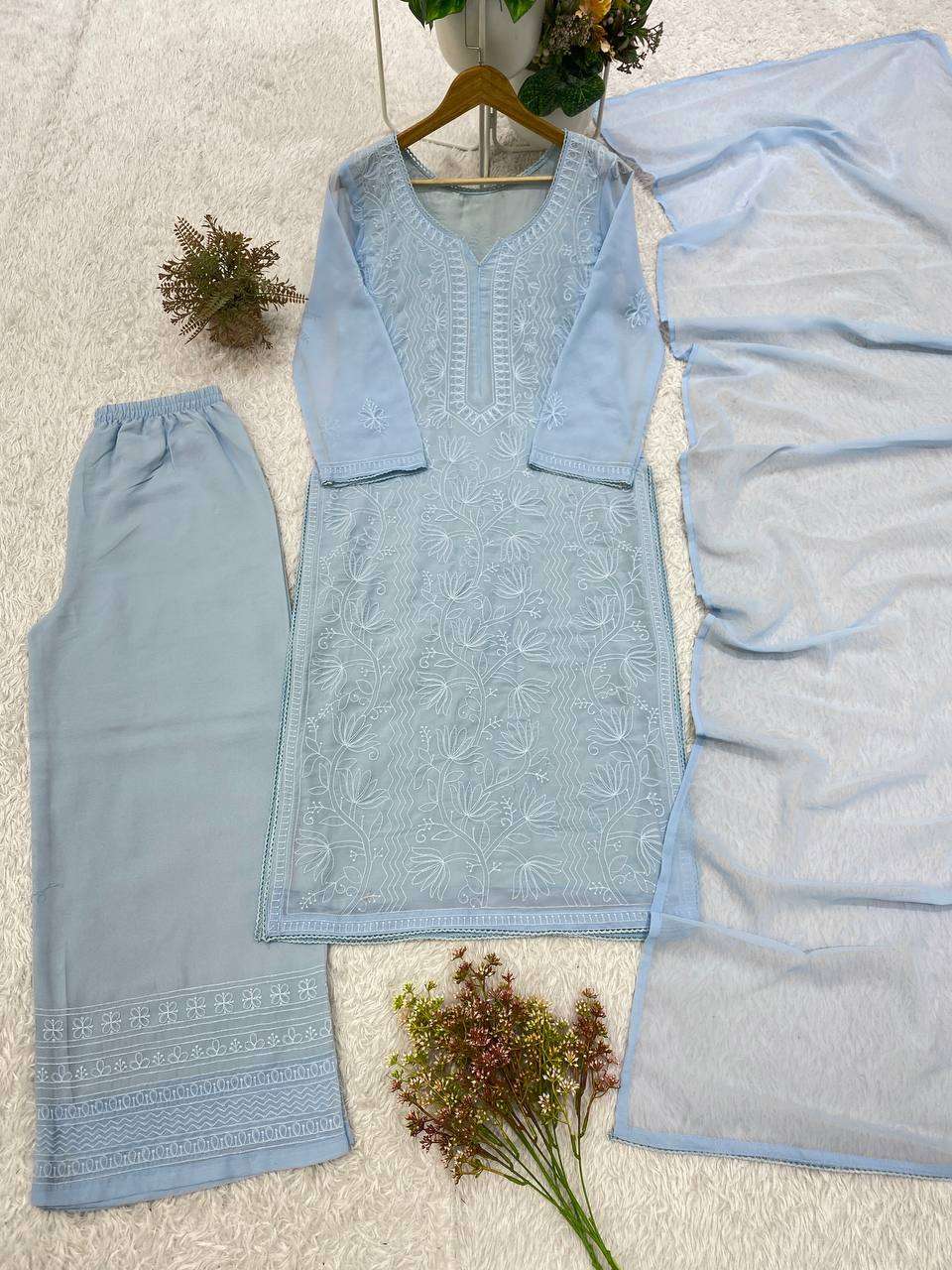 BE 499 GEORGETTE CHIKANKARI  EMBROIDERED WORKED TOP PLAZZO WITH DUPATTA SET