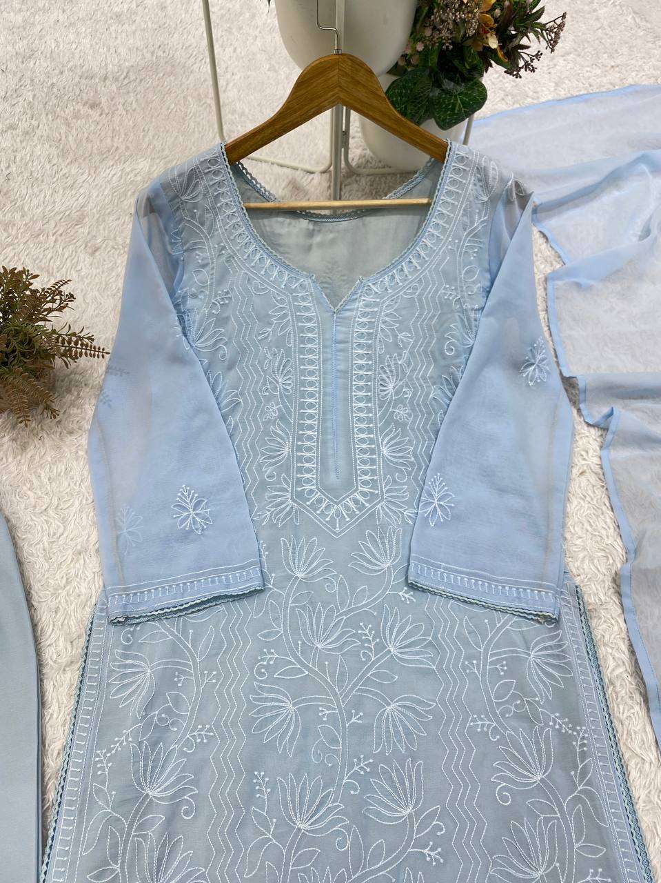BE 499 GEORGETTE CHIKANKARI  EMBROIDERED WORKED TOP PLAZZO WITH DUPATTA SET