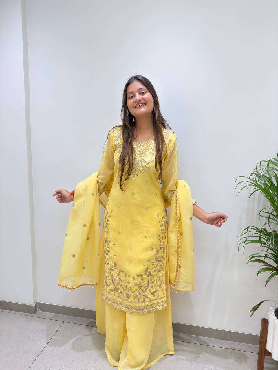 BE 501 SILK SEQUENCE EMBROIDERED WORKED TOP PLAZZO AND DUPATTA SET 