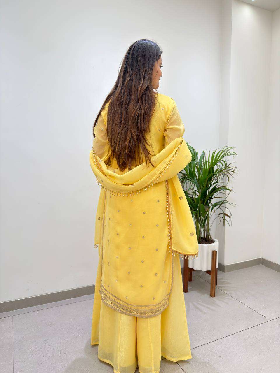 BE 501 SILK SEQUENCE EMBROIDERED WORKED TOP PLAZZO AND DUPATTA SET 