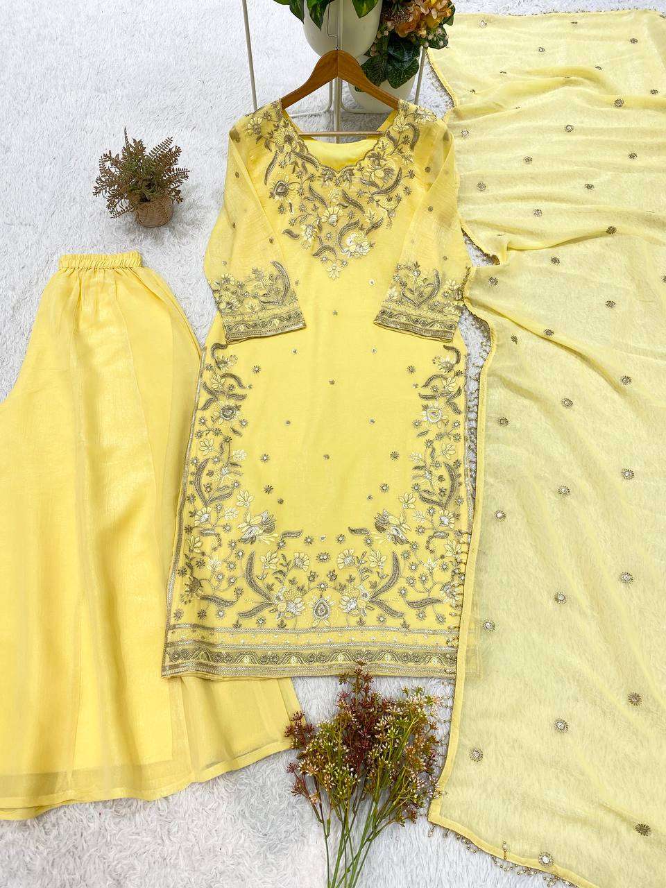 BE 501 SILK SEQUENCE EMBROIDERED WORKED TOP PLAZZO AND DUPATTA SET 