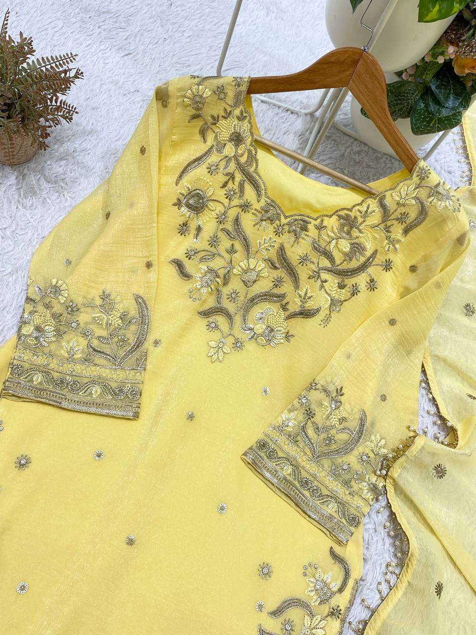 BE 501 SILK SEQUENCE EMBROIDERED WORKED TOP PLAZZO AND DUPATTA SET 