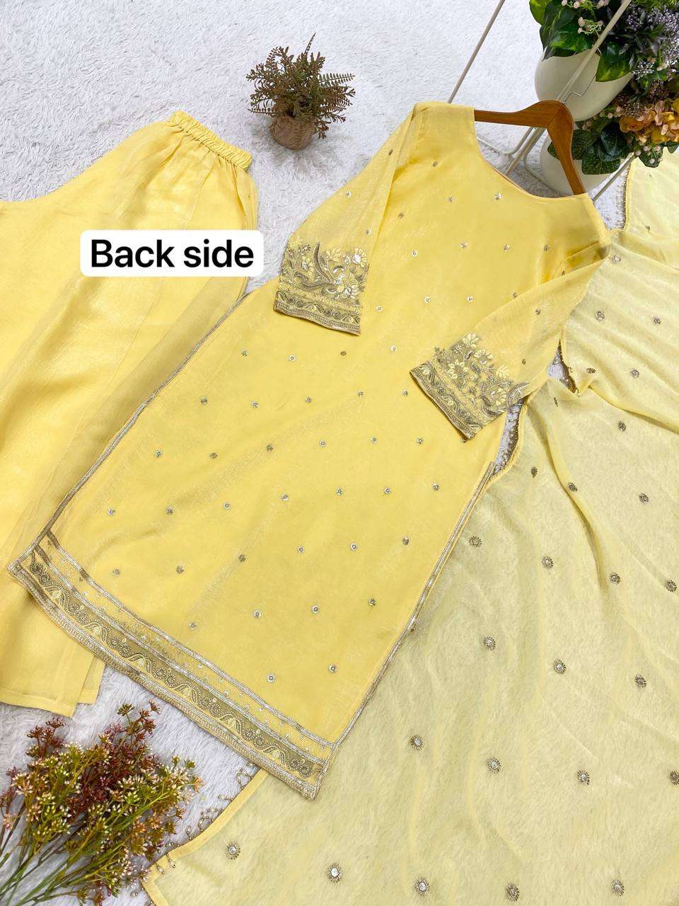 BE 501 SILK SEQUENCE EMBROIDERED WORKED TOP PLAZZO AND DUPATTA SET 