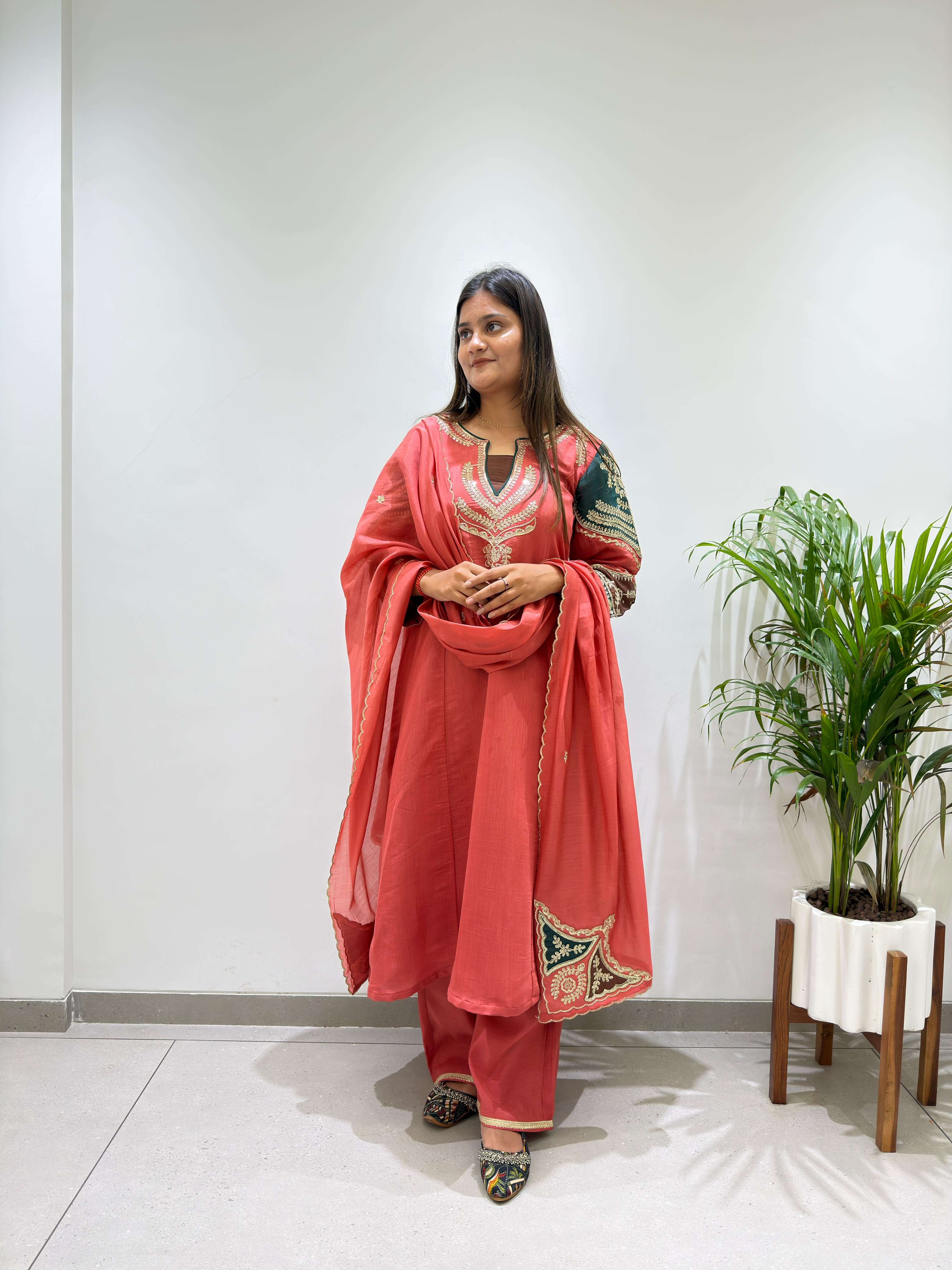BE 509 CHANDERI EMBROIDERED WORKED TOP PLAZZO WITH DUPATTA SET