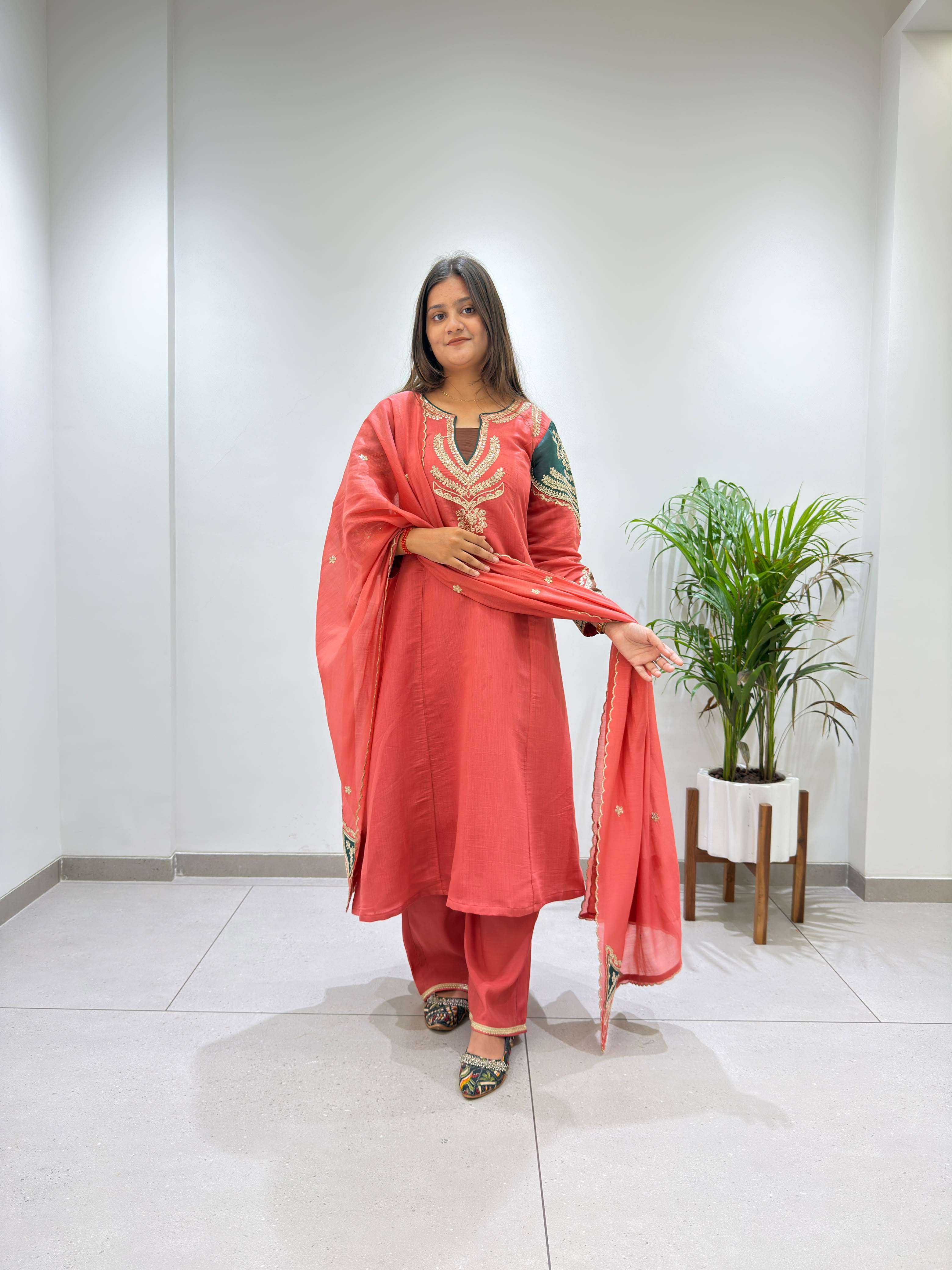 BE 509 CHANDERI EMBROIDERED WORKED TOP PLAZZO WITH DUPATTA SET