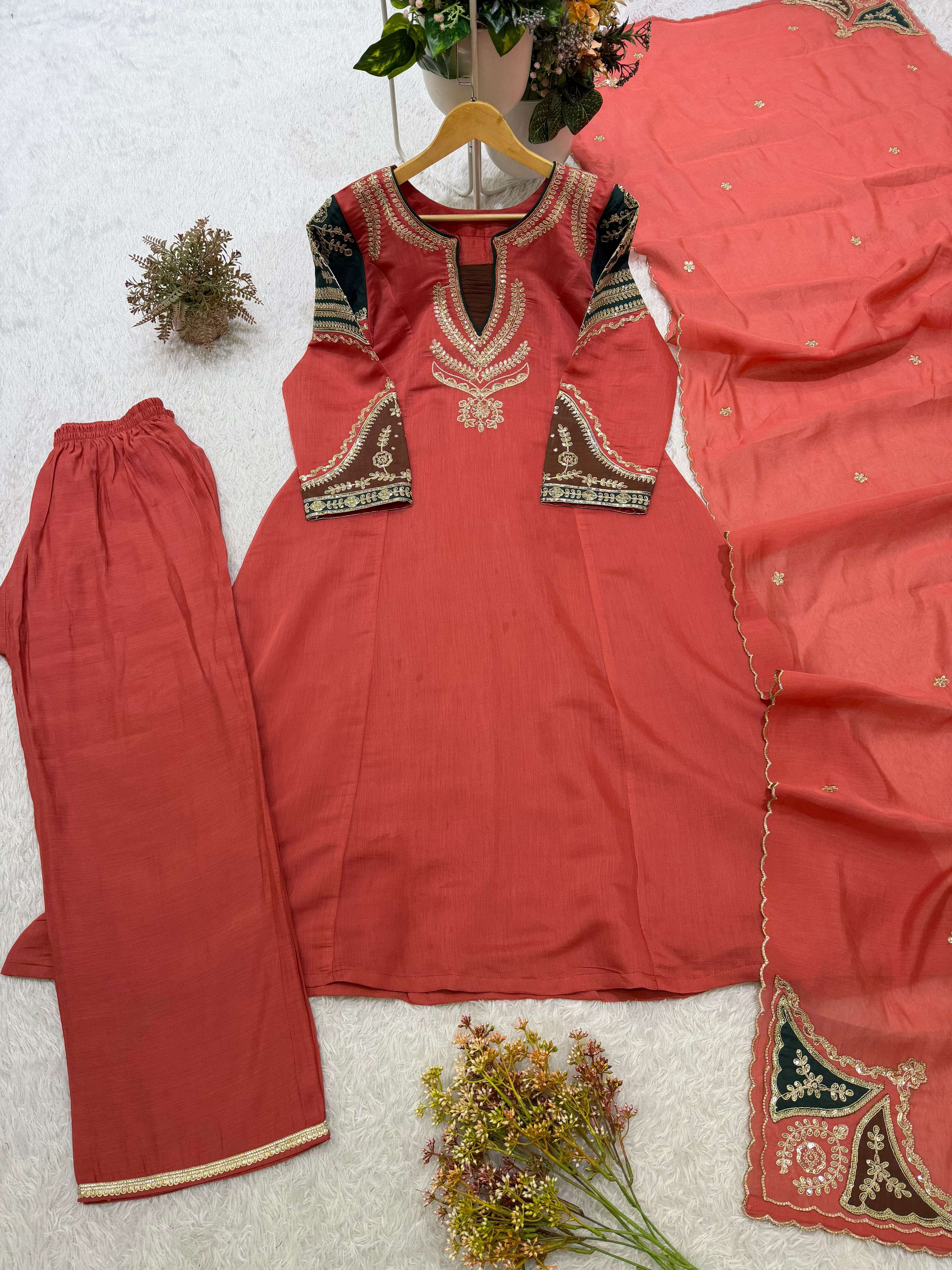 BE 509 CHANDERI EMBROIDERED WORKED TOP PLAZZO WITH DUPATTA SET