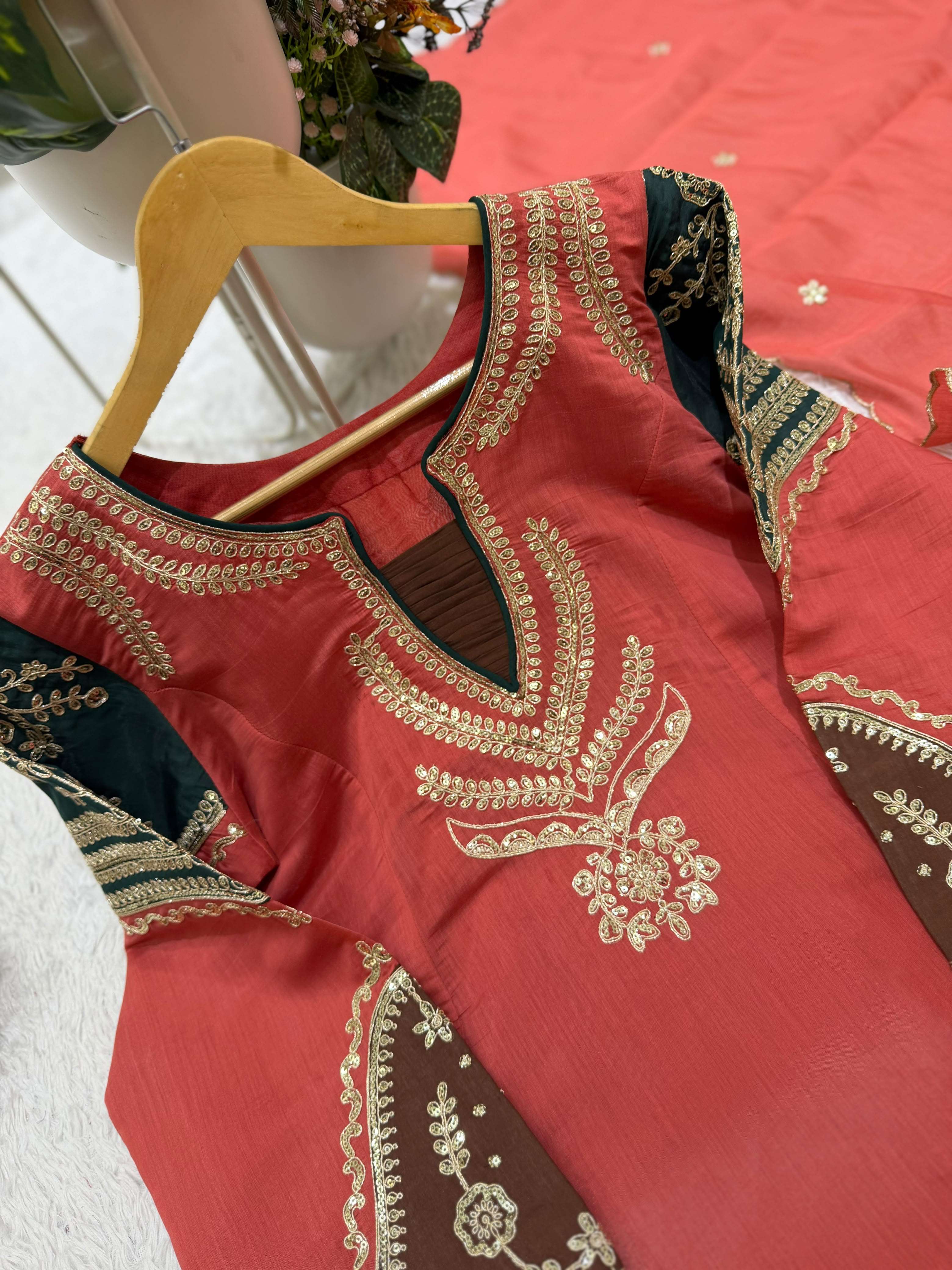 BE 509 CHANDERI EMBROIDERED WORKED TOP PLAZZO WITH DUPATTA SET