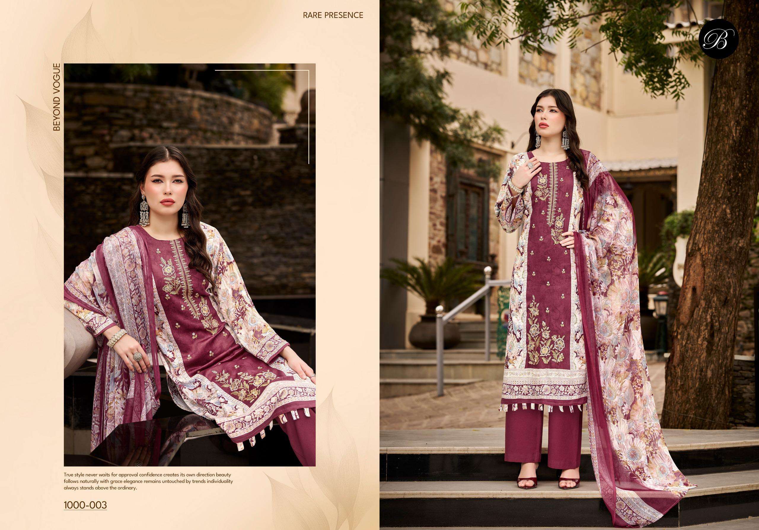 BELLIZA DESIGNER STUDIO FEROZA JAM COTTON DIGITAL PRINT WITH FANCY EMBROIDERY WORK SUIT