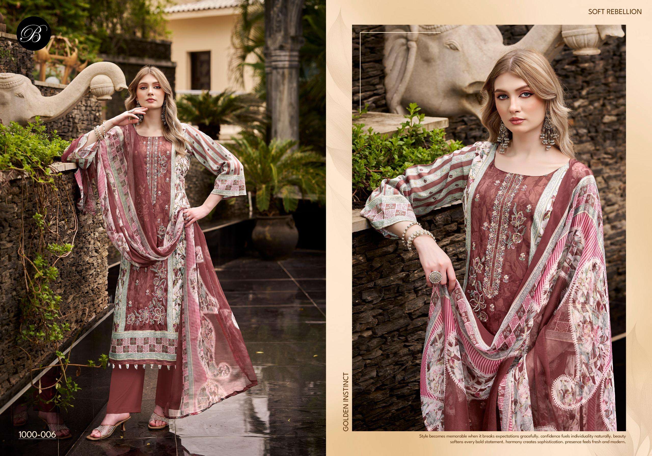 BELLIZA DESIGNER STUDIO FEROZA JAM COTTON DIGITAL PRINT WITH FANCY EMBROIDERY WORK SUIT