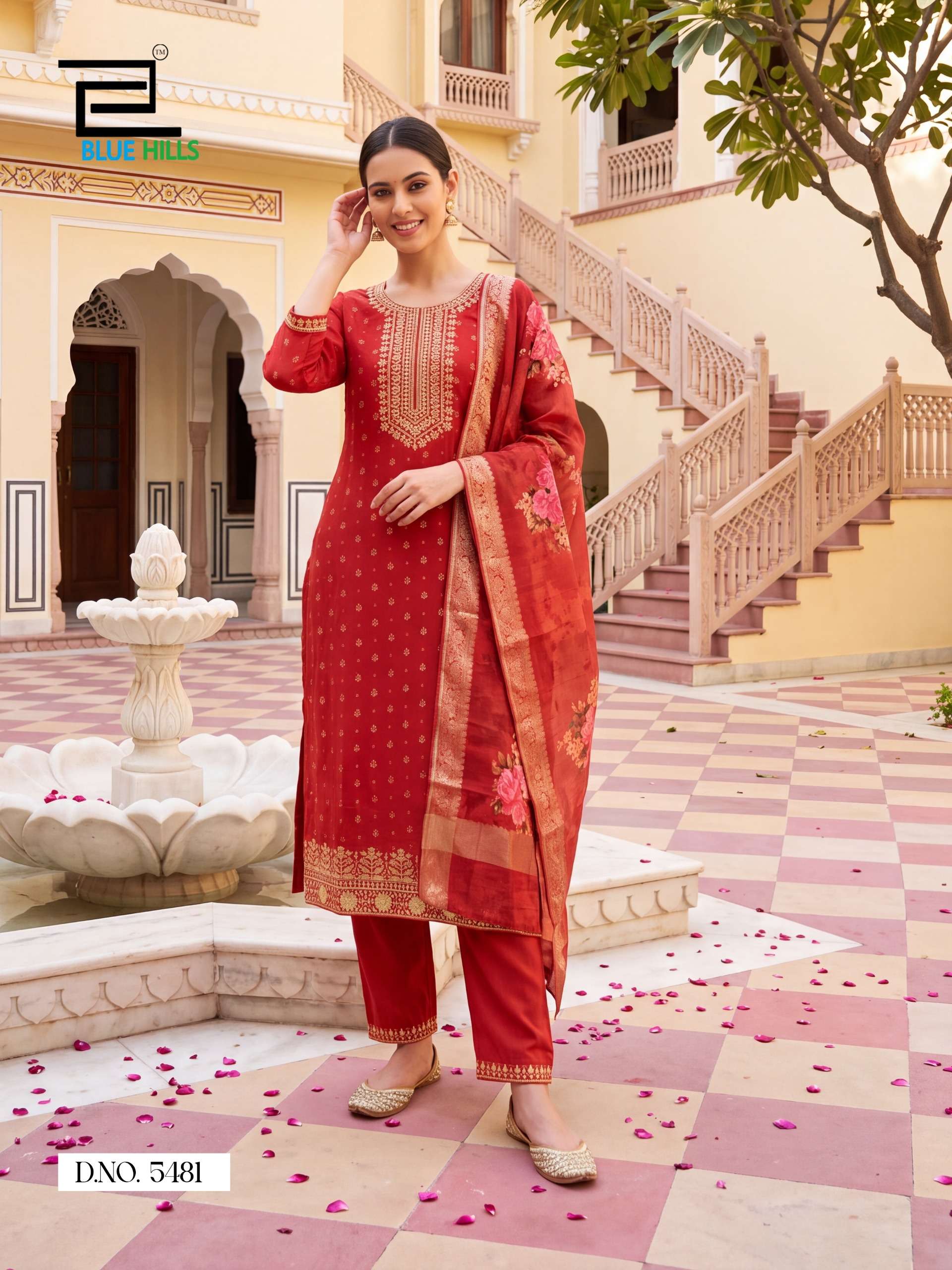 BLUE HILLS CHERRY CHANDERI SILK FOIL PRINT WITH FANCY WORK LADIES 3 PCS SUIT
