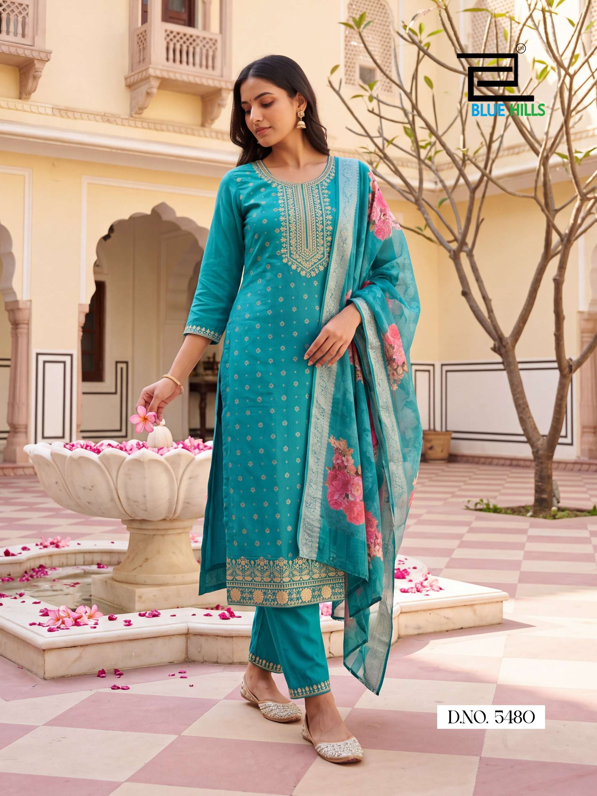 BLUE HILLS CHERRY CHANDERI SILK FOIL PRINT WITH FANCY WORK LADIES 3 PCS SUIT