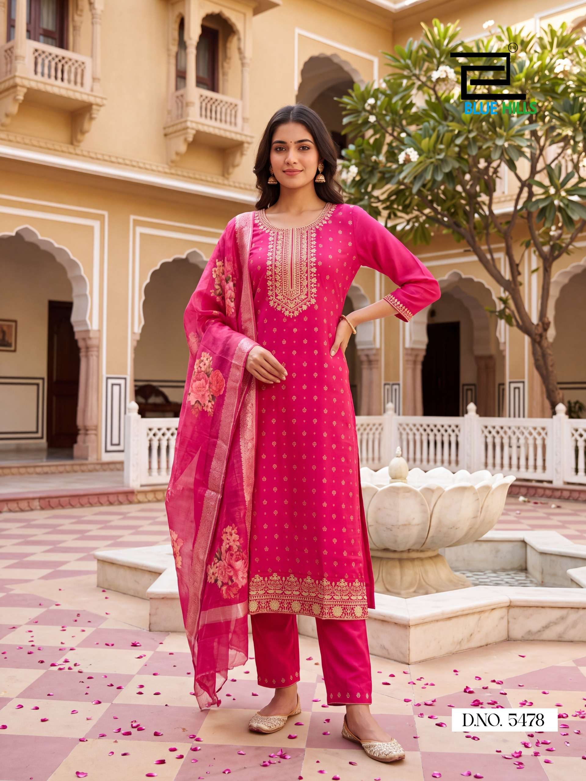BLUE HILLS CHERRY CHANDERI SILK FOIL PRINT WITH FANCY WORK LADIES 3 PCS SUIT