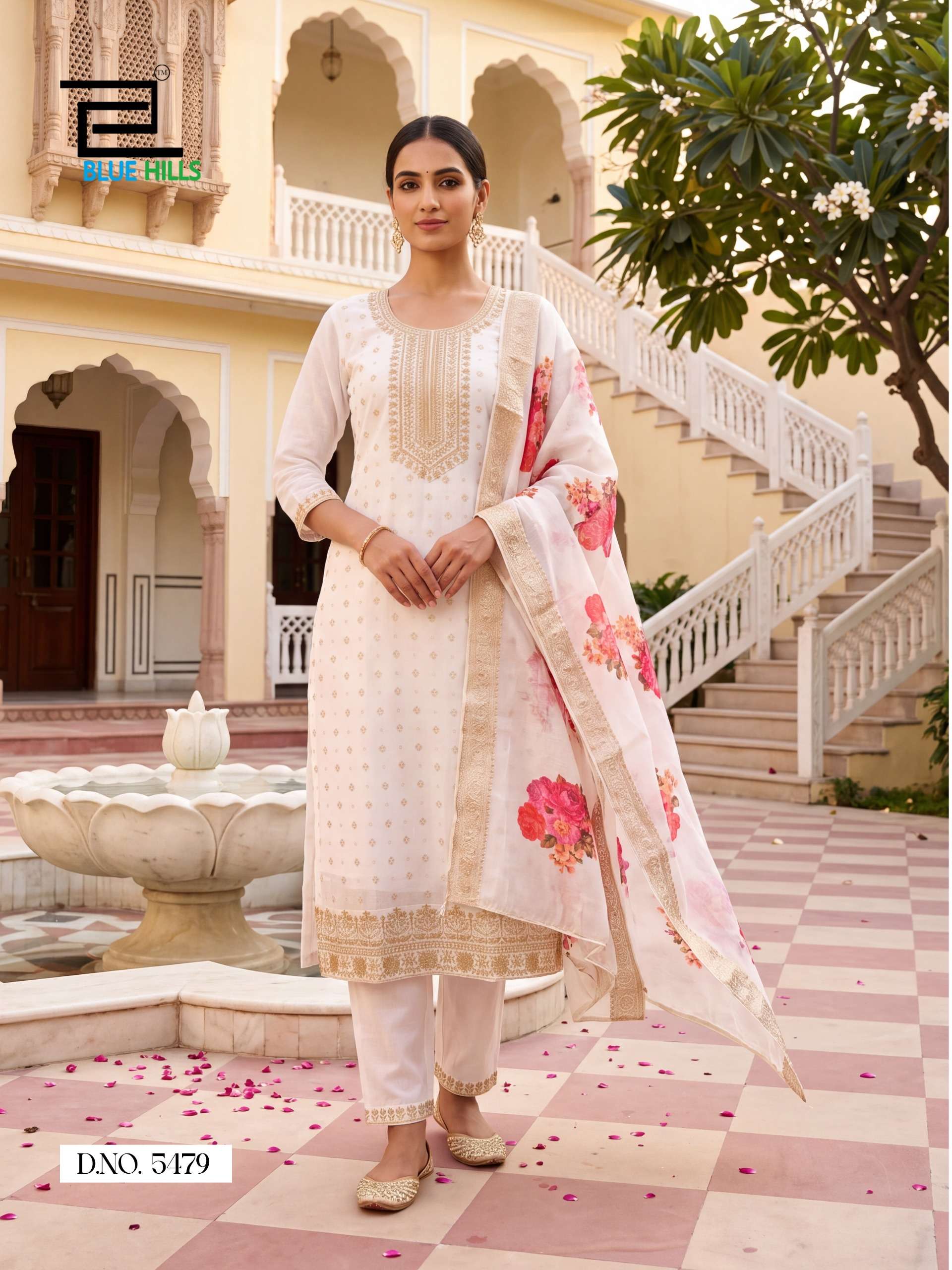 BLUE HILLS CHERRY CHANDERI SILK FOIL PRINT WITH FANCY WORK LADIES 3 PCS SUIT