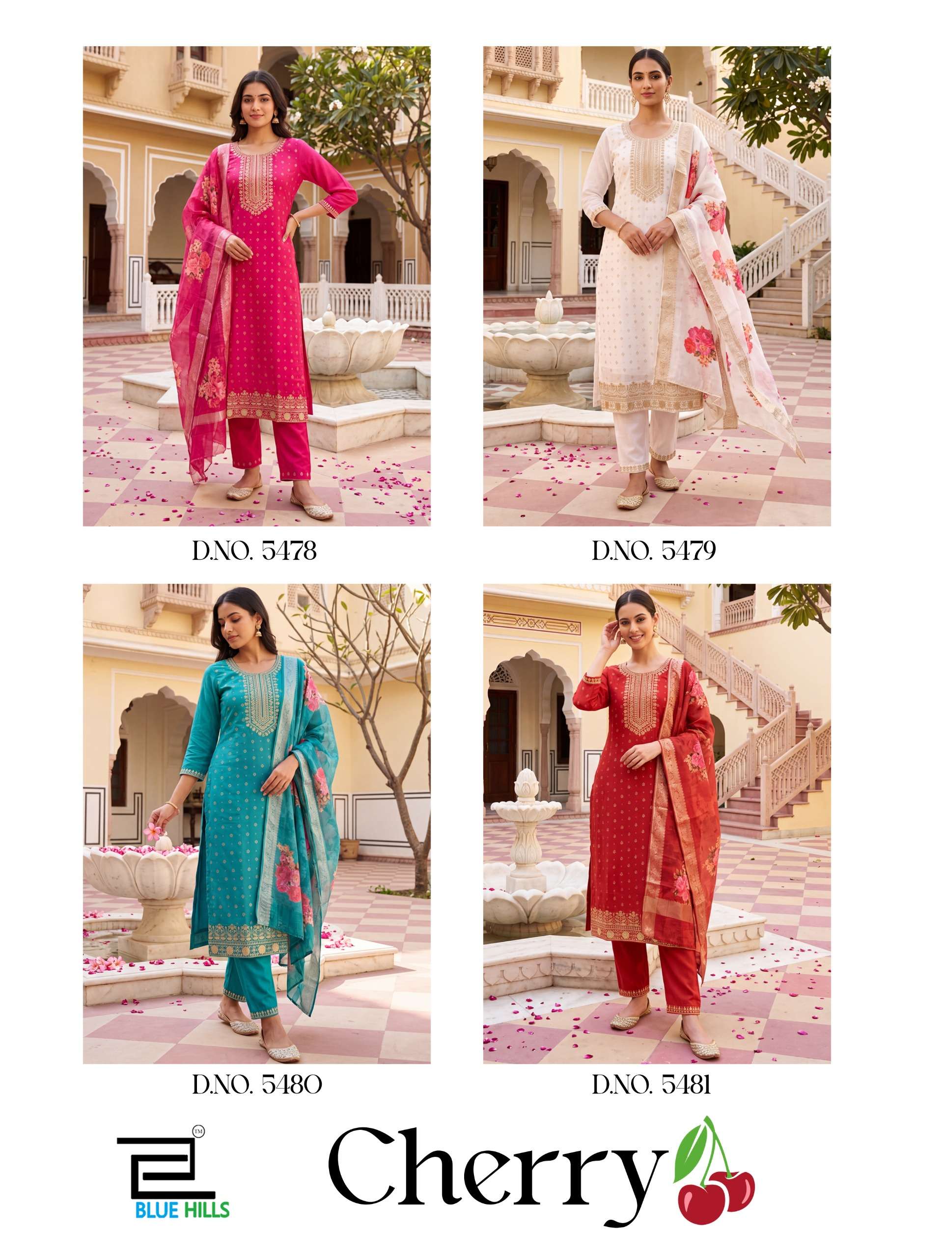 BLUE HILLS CHERRY CHANDERI SILK FOIL PRINT WITH FANCY WORK LADIES 3 PCS SUIT
