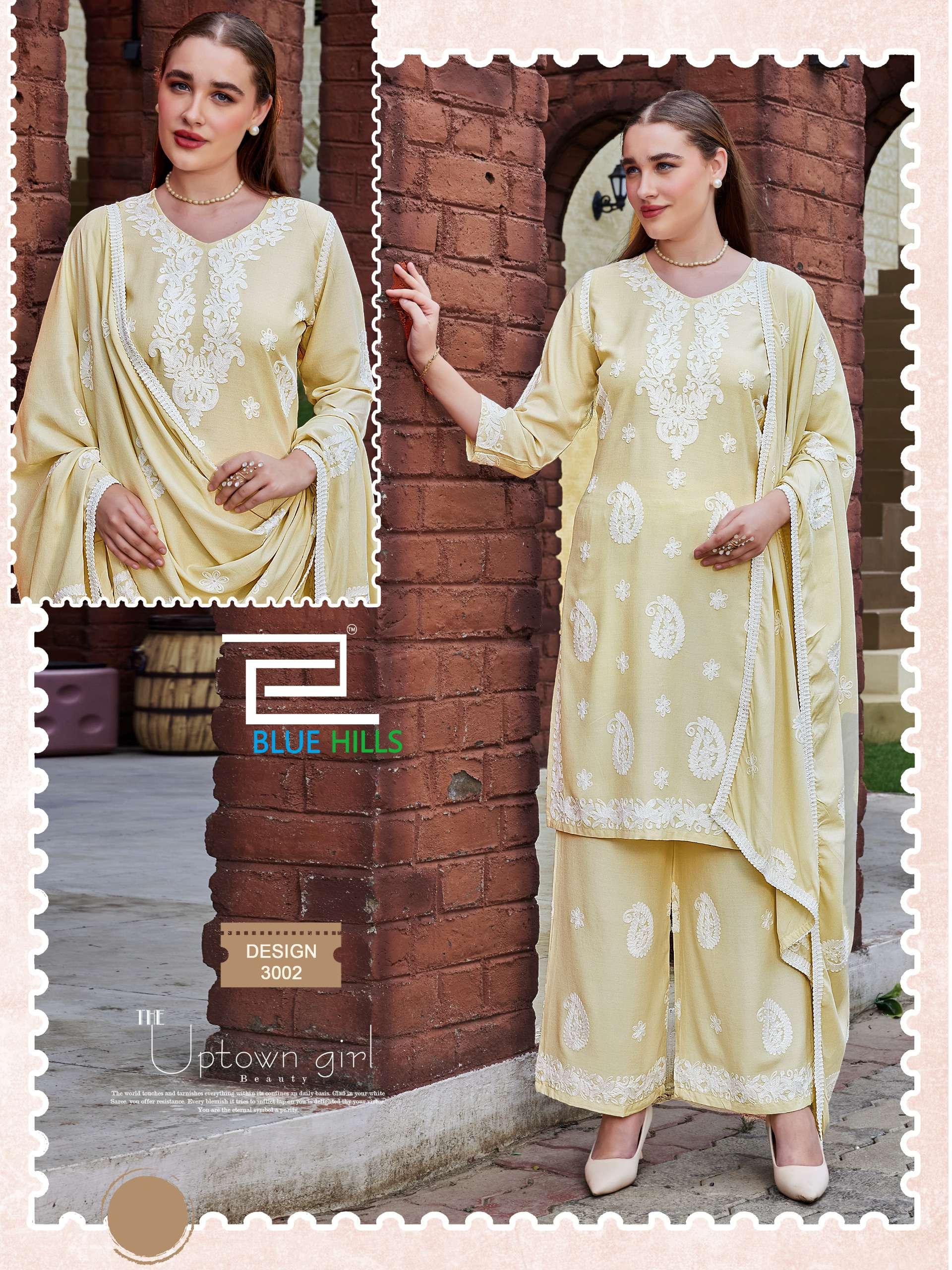 BLUE HILLS FIRDOSE RAYON FANCY EMBROIDERIES WORK LADIES TOP PLAZZO AND DUPATTA SET 
