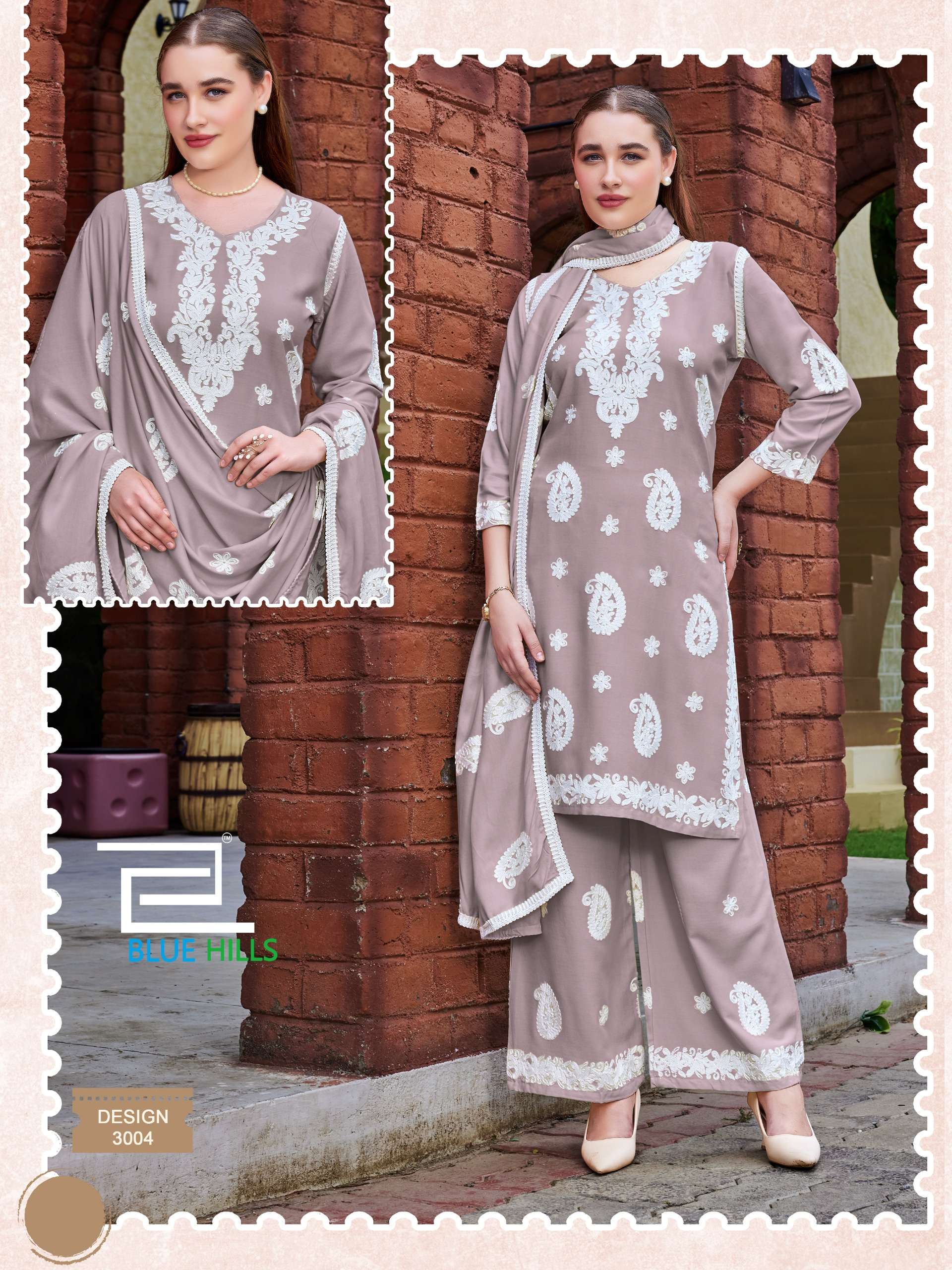 BLUE HILLS FIRDOSE RAYON FANCY EMBROIDERIES WORK LADIES TOP PLAZZO AND DUPATTA SET 