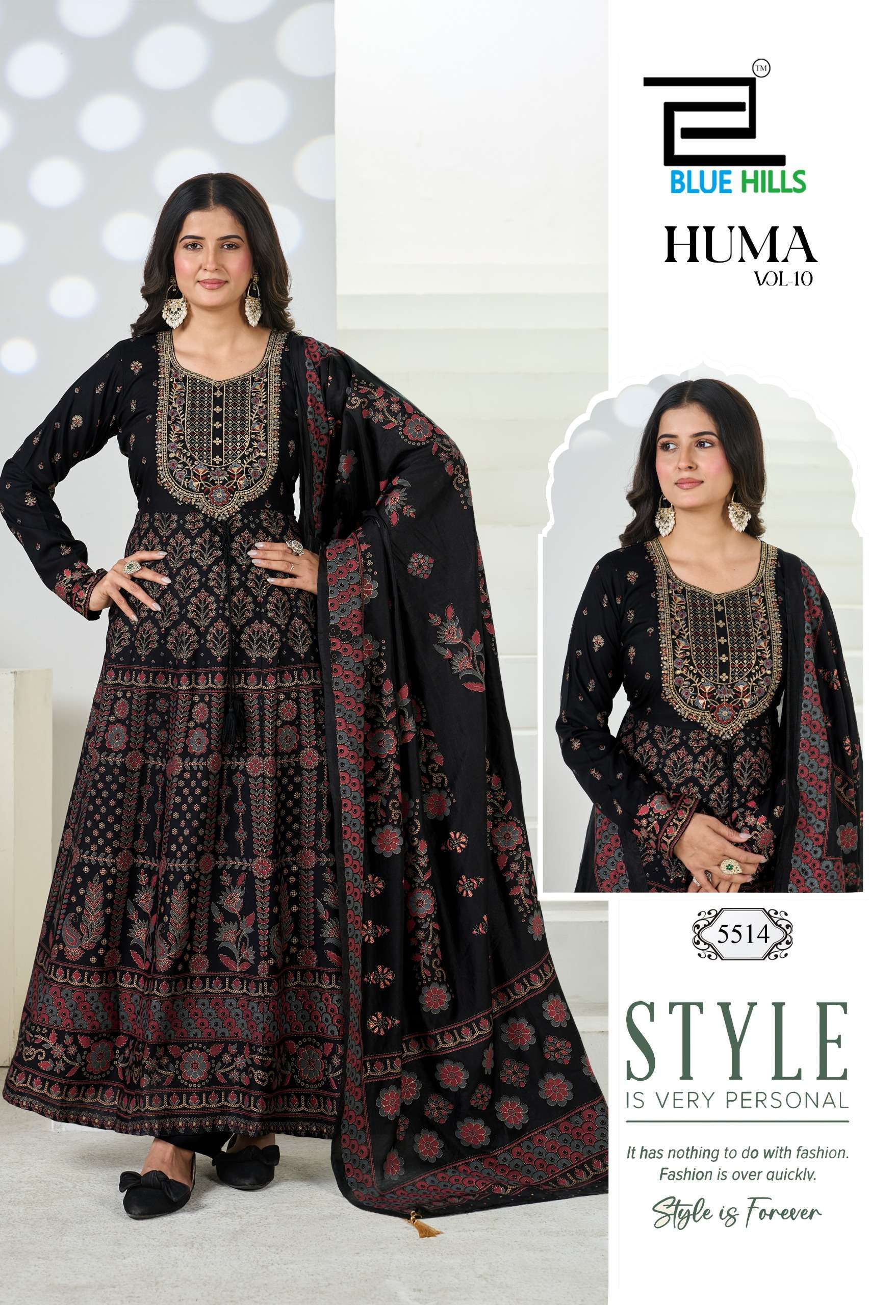 BLUE HILLS HUMA VOL 10 RAYON FANCY WORKS ANARKALI GOWN WITH BOTTOM AND DUPATTA 