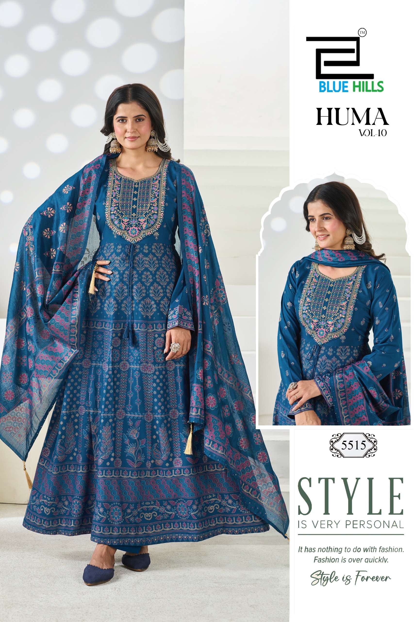 BLUE HILLS HUMA VOL 10 RAYON FANCY WORKS ANARKALI GOWN WITH BOTTOM AND DUPATTA 