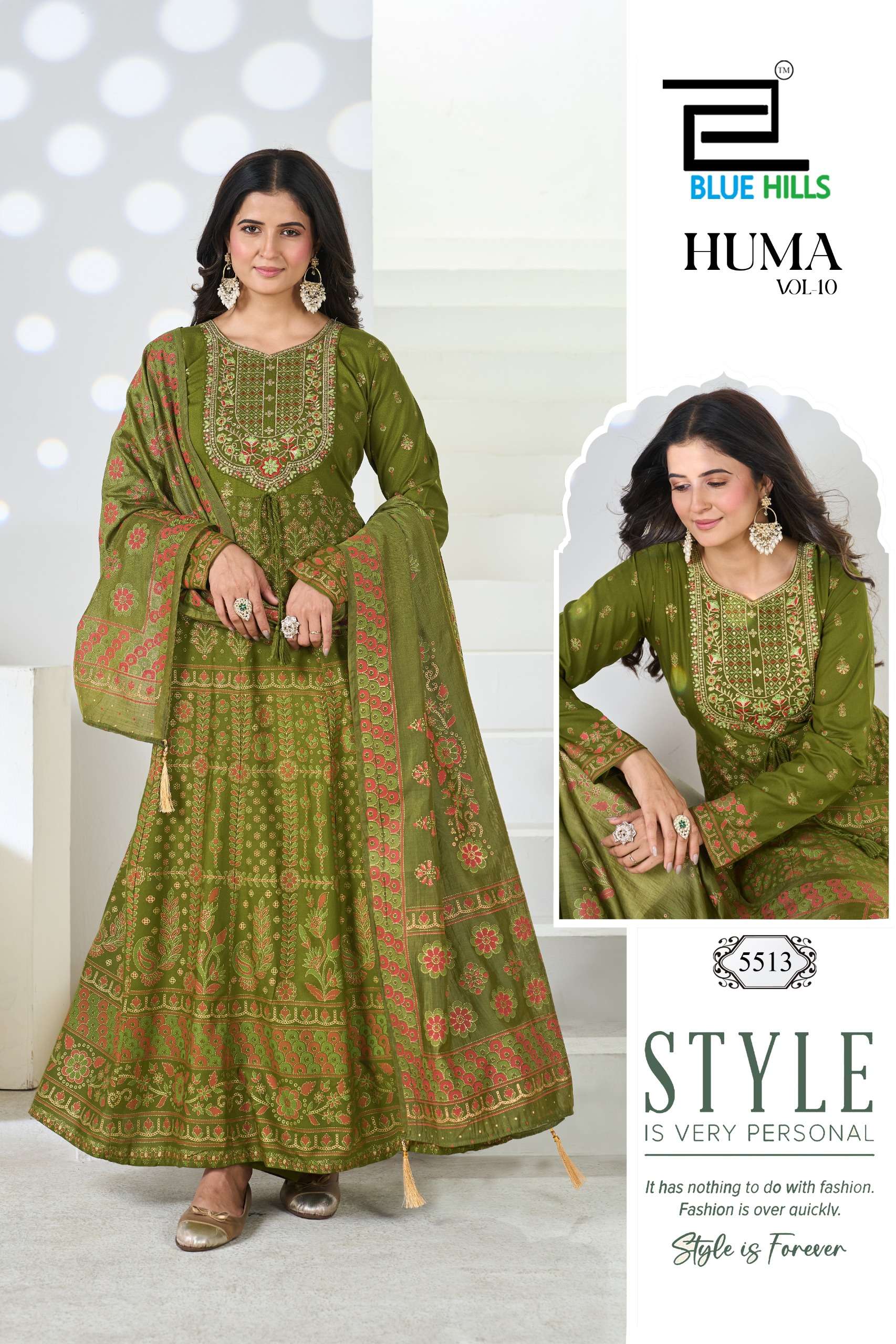 BLUE HILLS HUMA VOL 10 RAYON FANCY WORKS ANARKALI GOWN WITH BOTTOM AND DUPATTA 