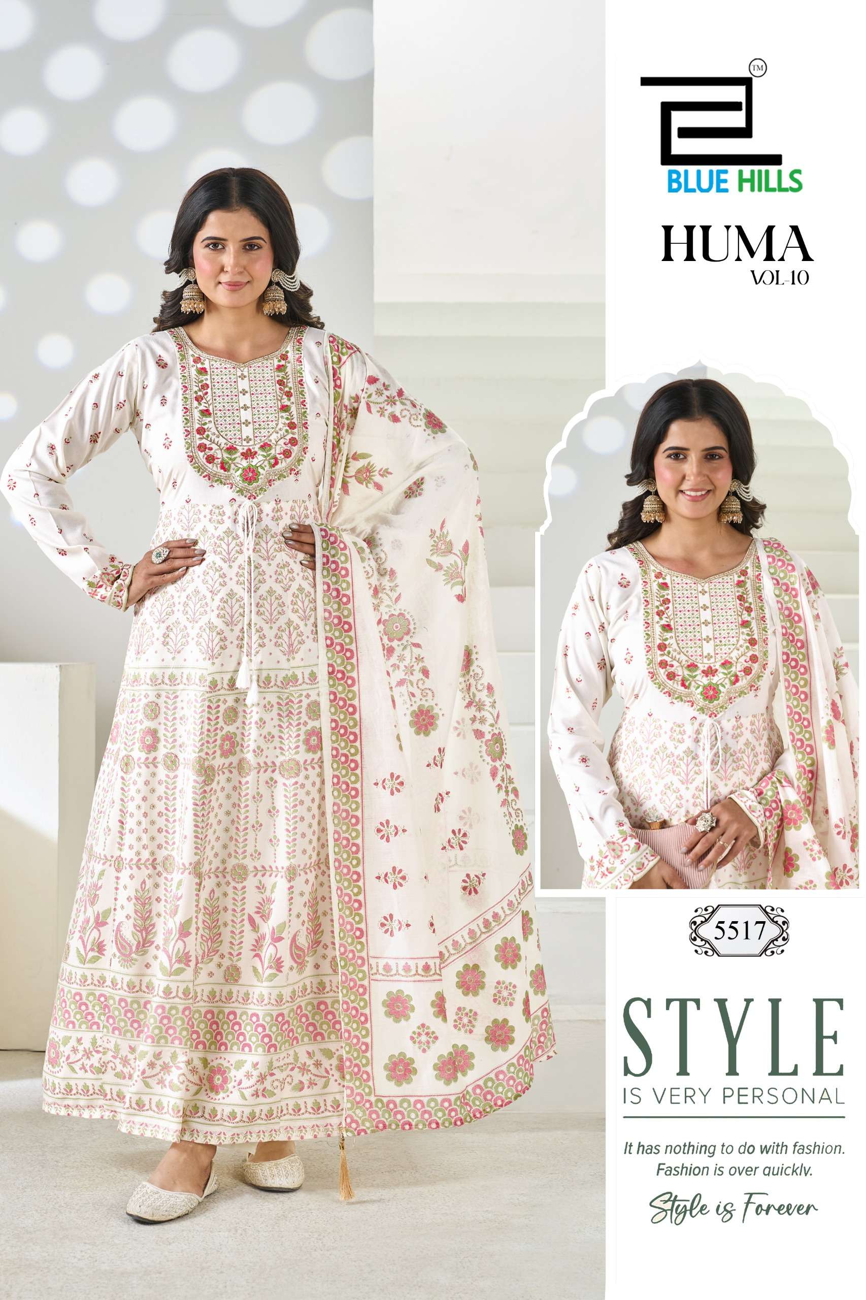 BLUE HILLS HUMA VOL 10 RAYON FANCY WORKS ANARKALI GOWN WITH BOTTOM AND DUPATTA 