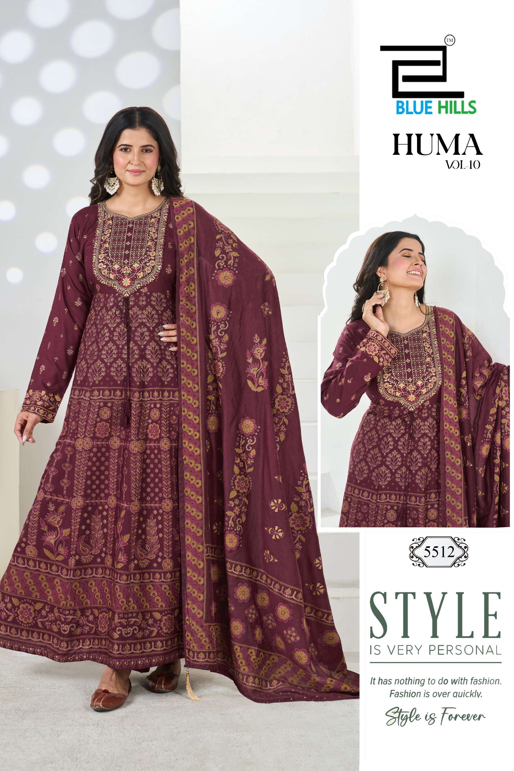 BLUE HILLS HUMA VOL 10 RAYON FANCY WORKS ANARKALI GOWN WITH BOTTOM AND DUPATTA 