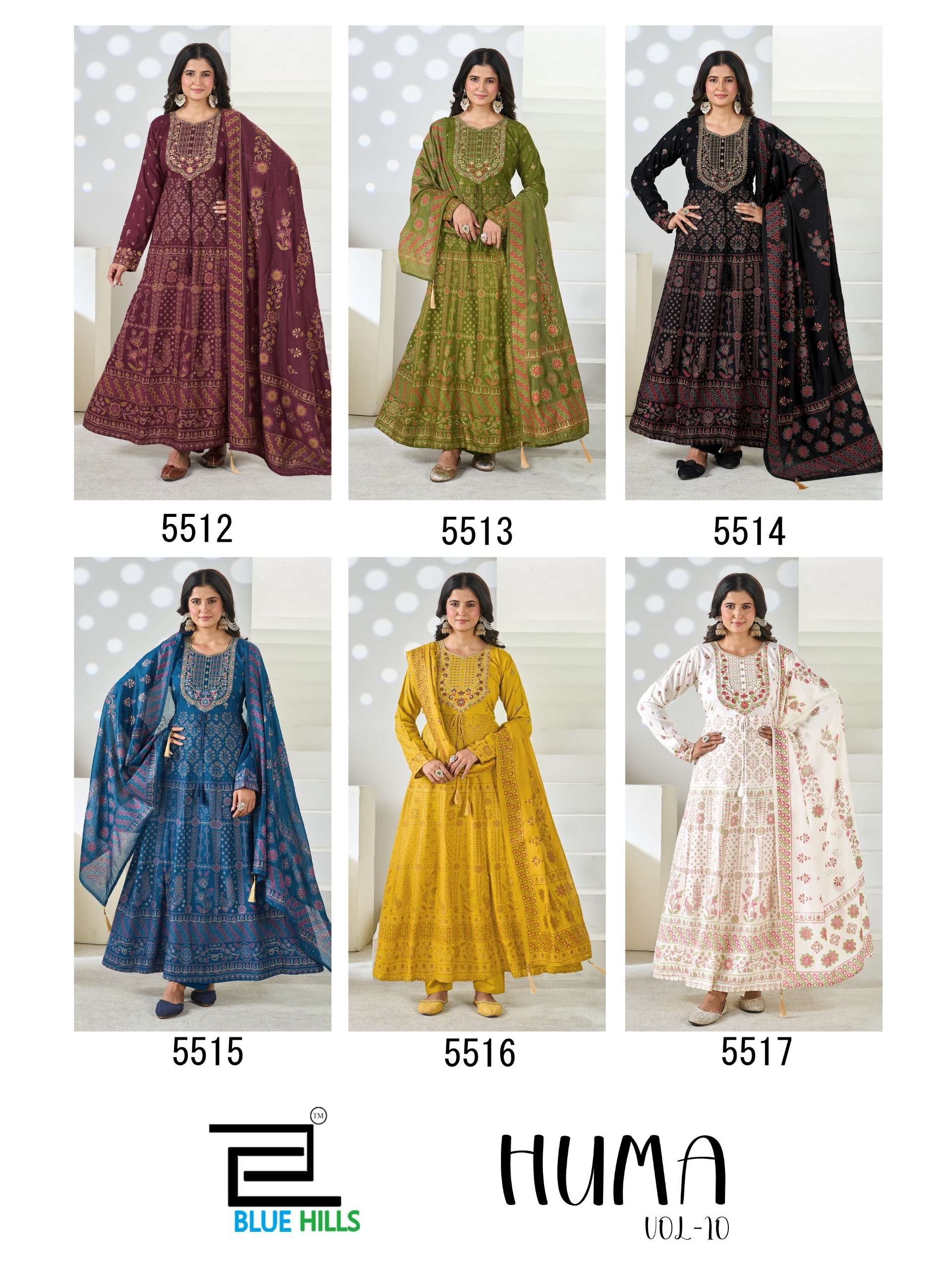 BLUE HILLS HUMA VOL 10 RAYON FANCY WORKS ANARKALI GOWN WITH BOTTOM AND DUPATTA 