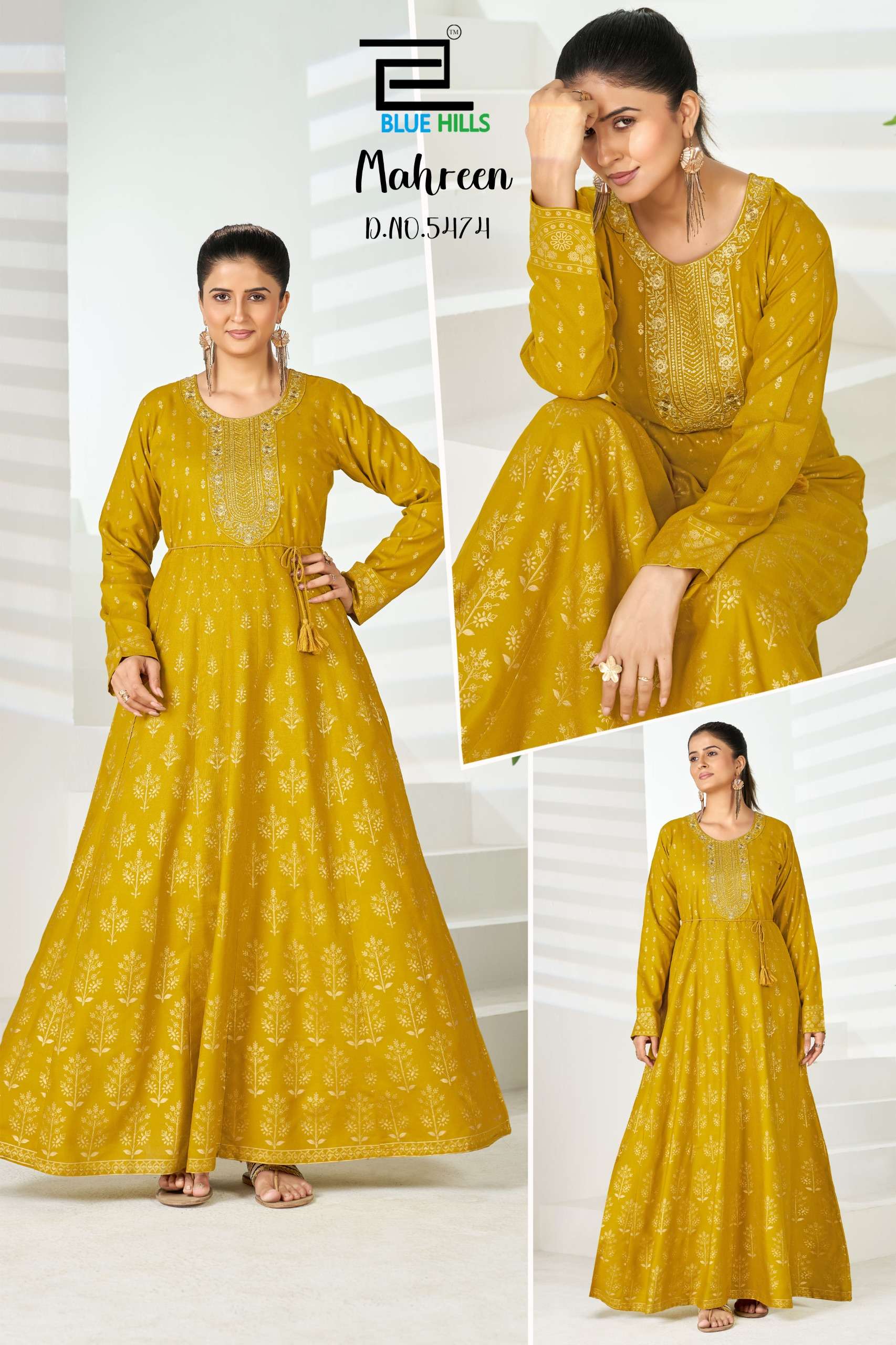 BLUE HILLS MAHREEN RAYON FOIL PRINT CLASSIC LOOK DESIGNER LADIES LONG ONE PIECE GOWN DRESS 