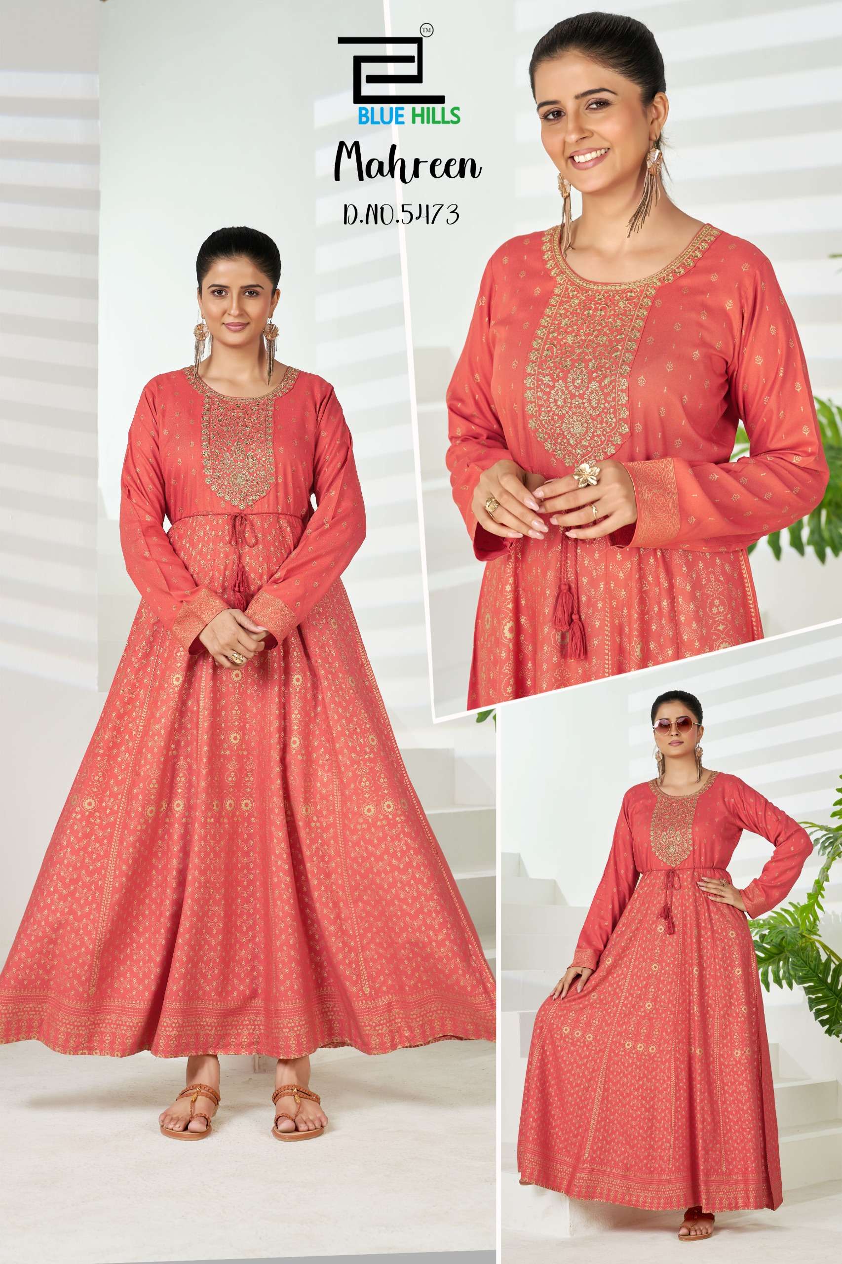 BLUE HILLS MAHREEN RAYON FOIL PRINT CLASSIC LOOK DESIGNER LADIES LONG ONE PIECE GOWN DRESS 