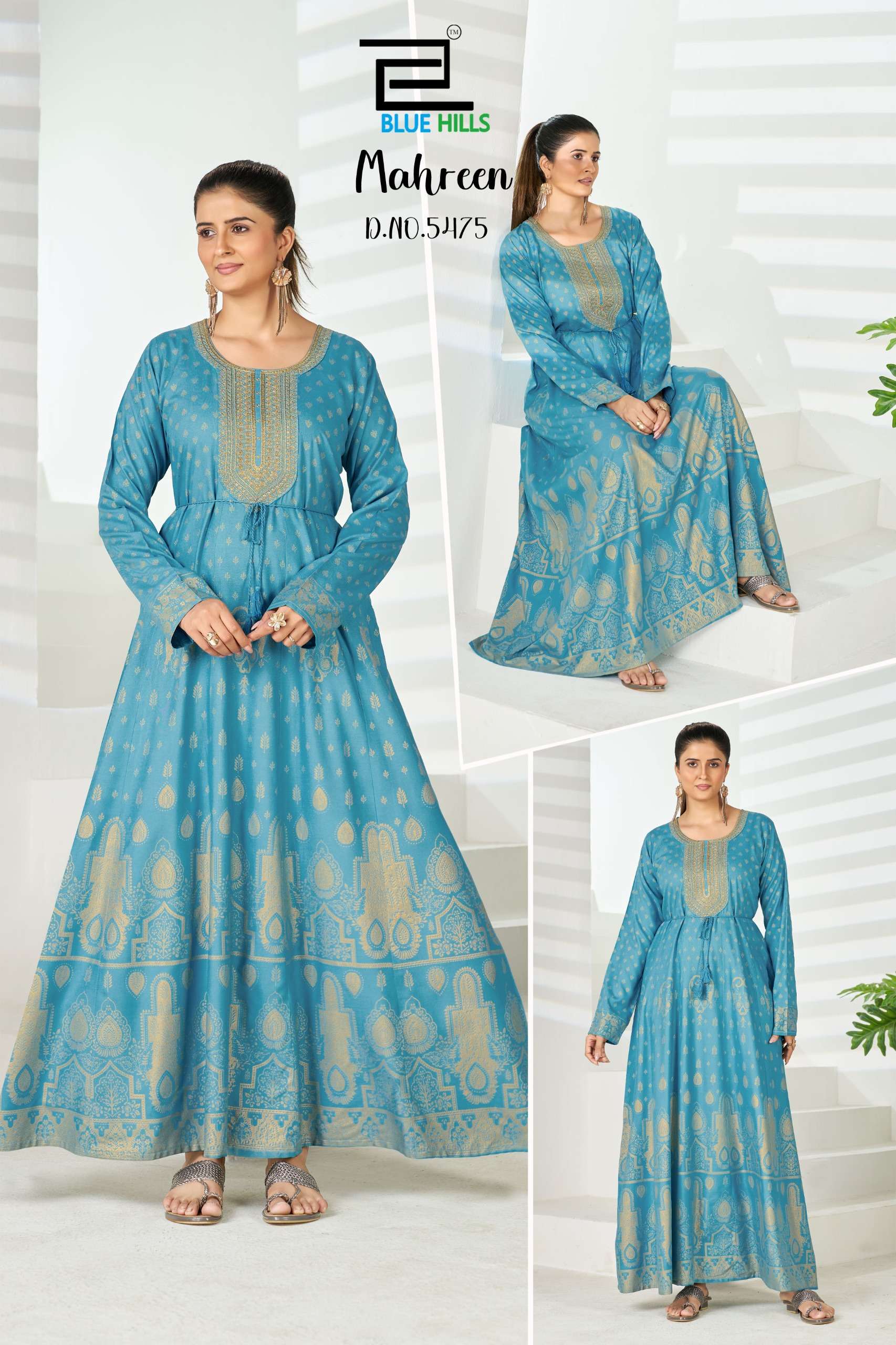 BLUE HILLS MAHREEN RAYON FOIL PRINT CLASSIC LOOK DESIGNER LADIES LONG ONE PIECE GOWN DRESS 