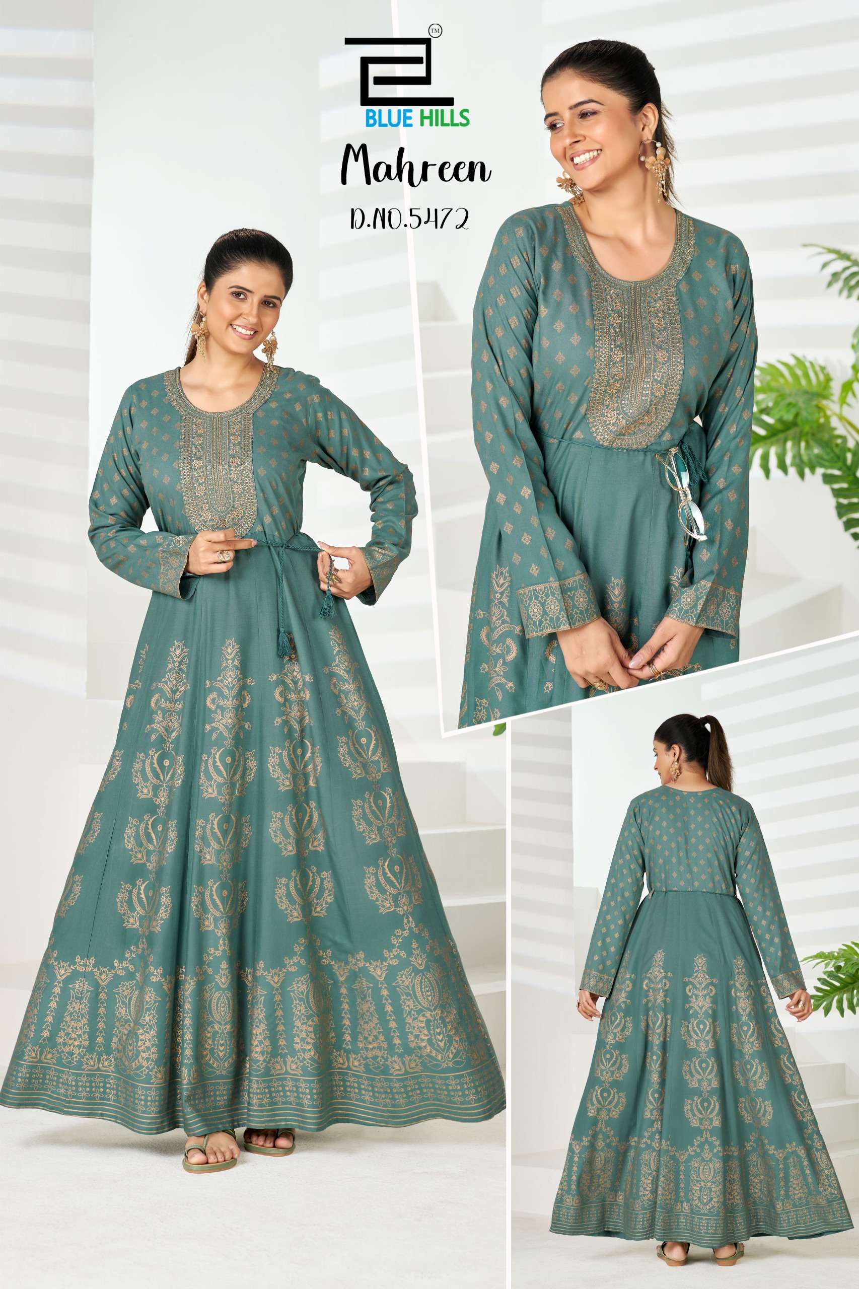 BLUE HILLS MAHREEN RAYON FOIL PRINT CLASSIC LOOK DESIGNER LADIES LONG ONE PIECE GOWN DRESS 