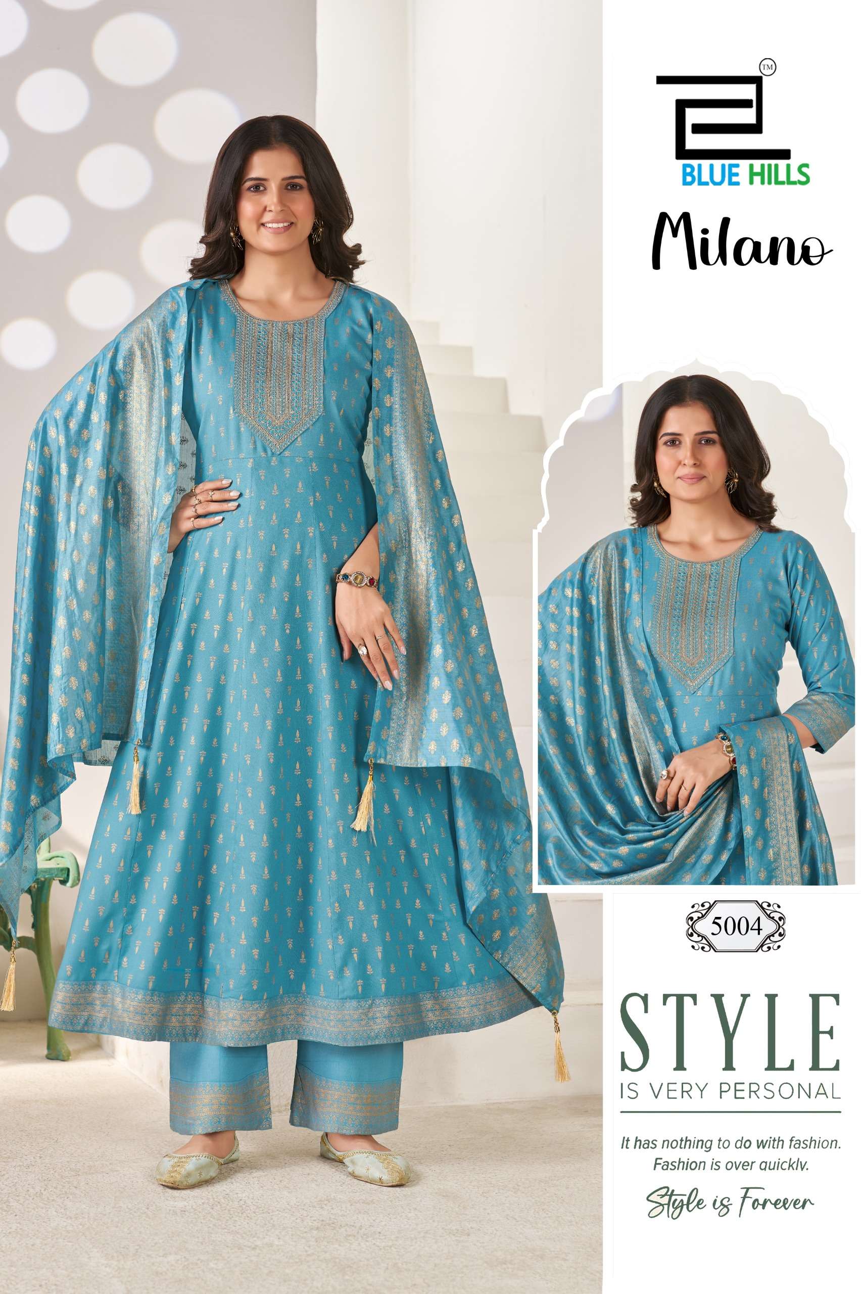 BLUE HILLS MILANO RAYON SEQUENCE EMBROIDERIES WORK LADIES KURTI BOTTOM AND DUPATTA SET 