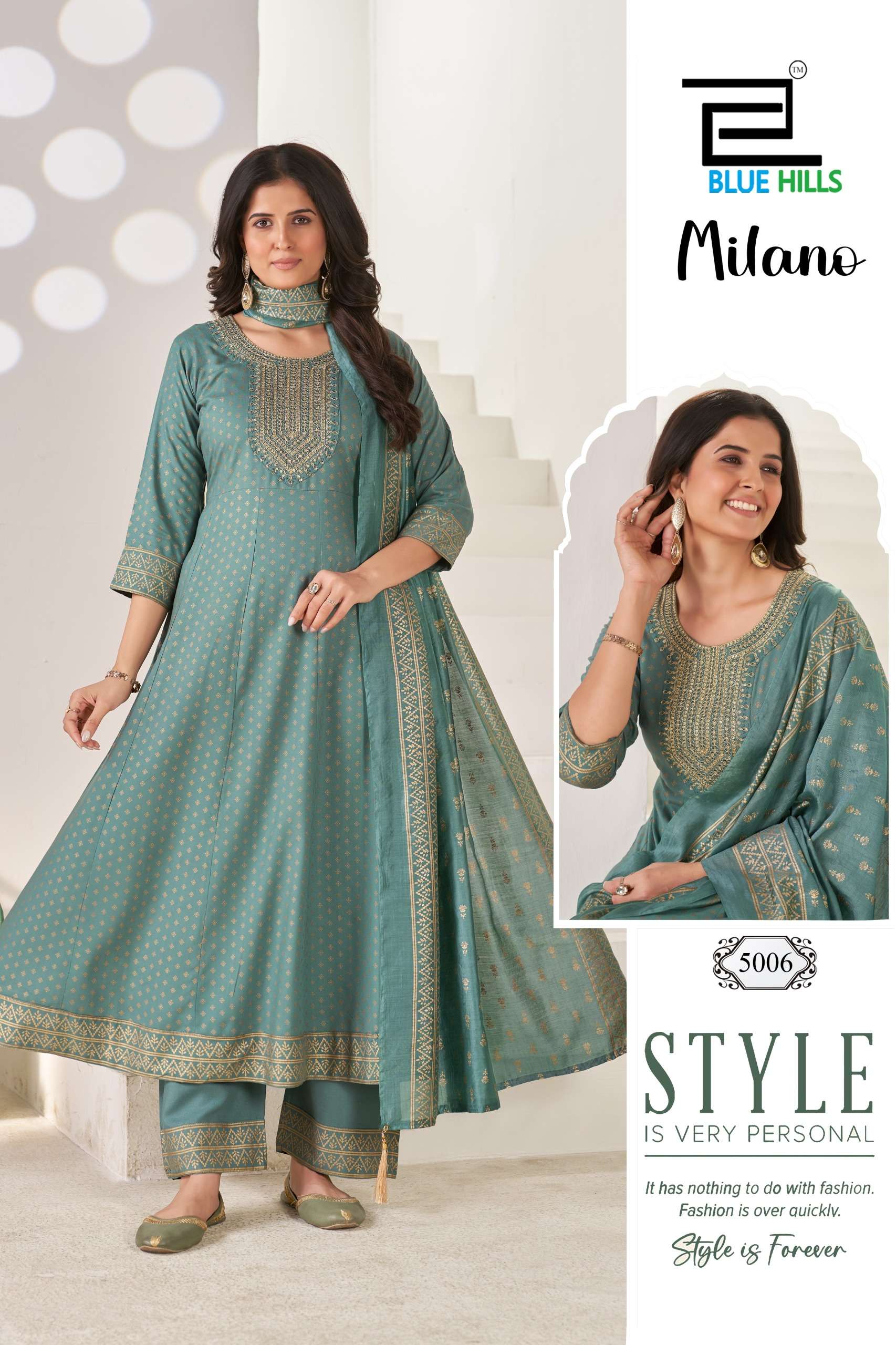BLUE HILLS MILANO RAYON SEQUENCE EMBROIDERIES WORK LADIES KURTI BOTTOM AND DUPATTA SET 