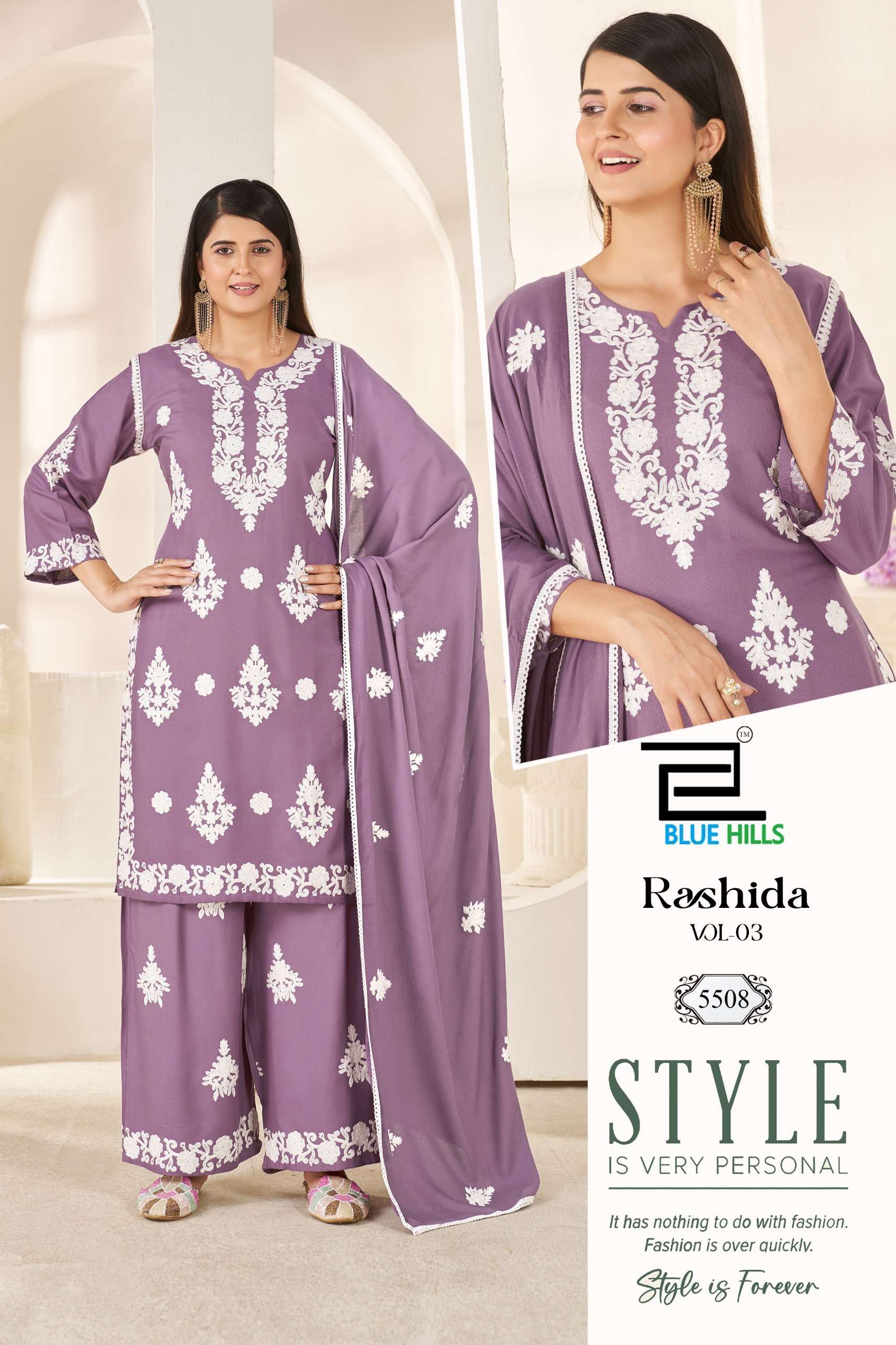 BLUE HILLS RASHIDA VOL 3 RAYON FANCY WORKS LADIES KURTI PLAZZO AND DUPATTA SET 
