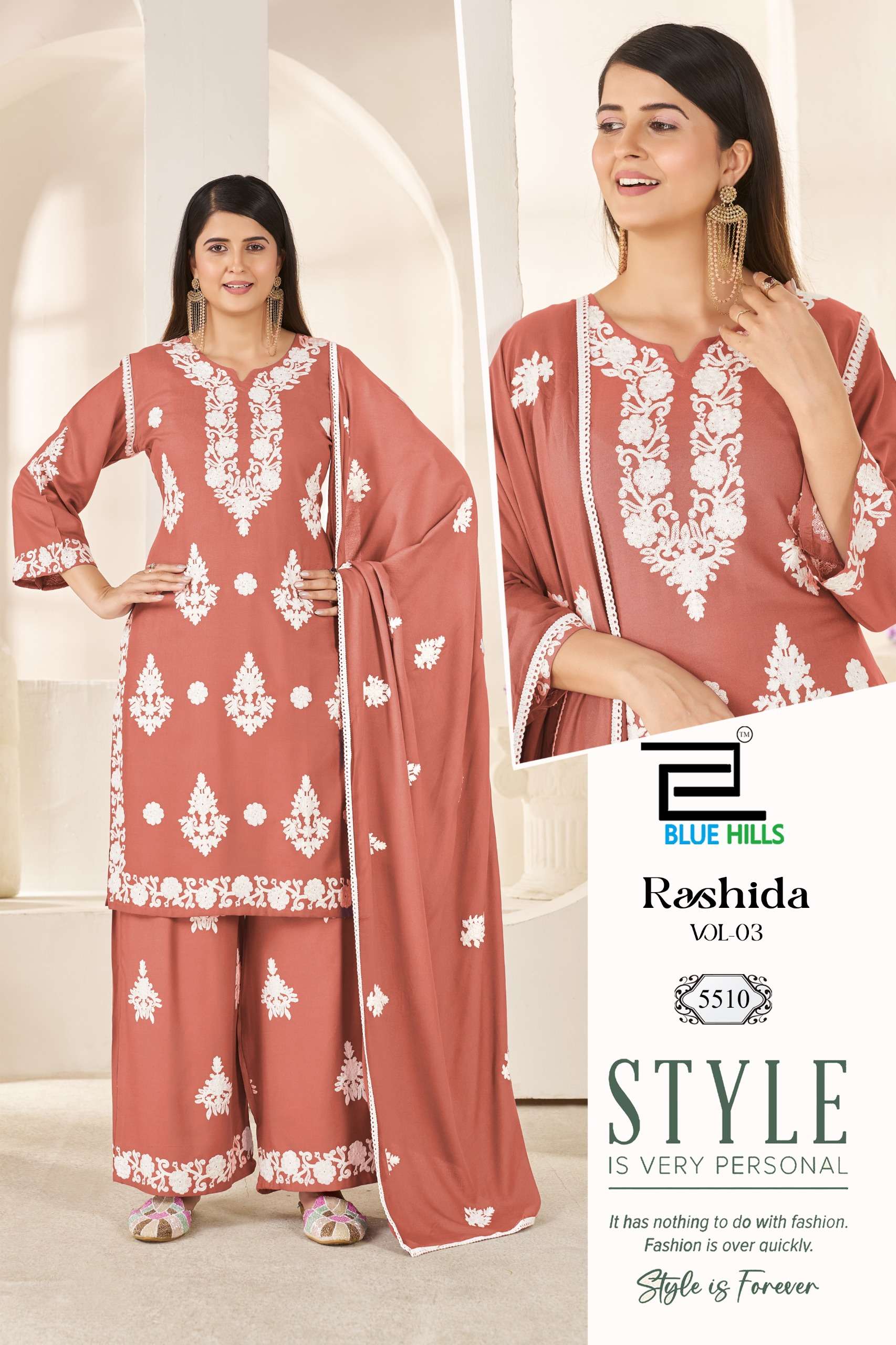 BLUE HILLS RASHIDA VOL 3 RAYON FANCY WORKS LADIES KURTI PLAZZO AND DUPATTA SET 