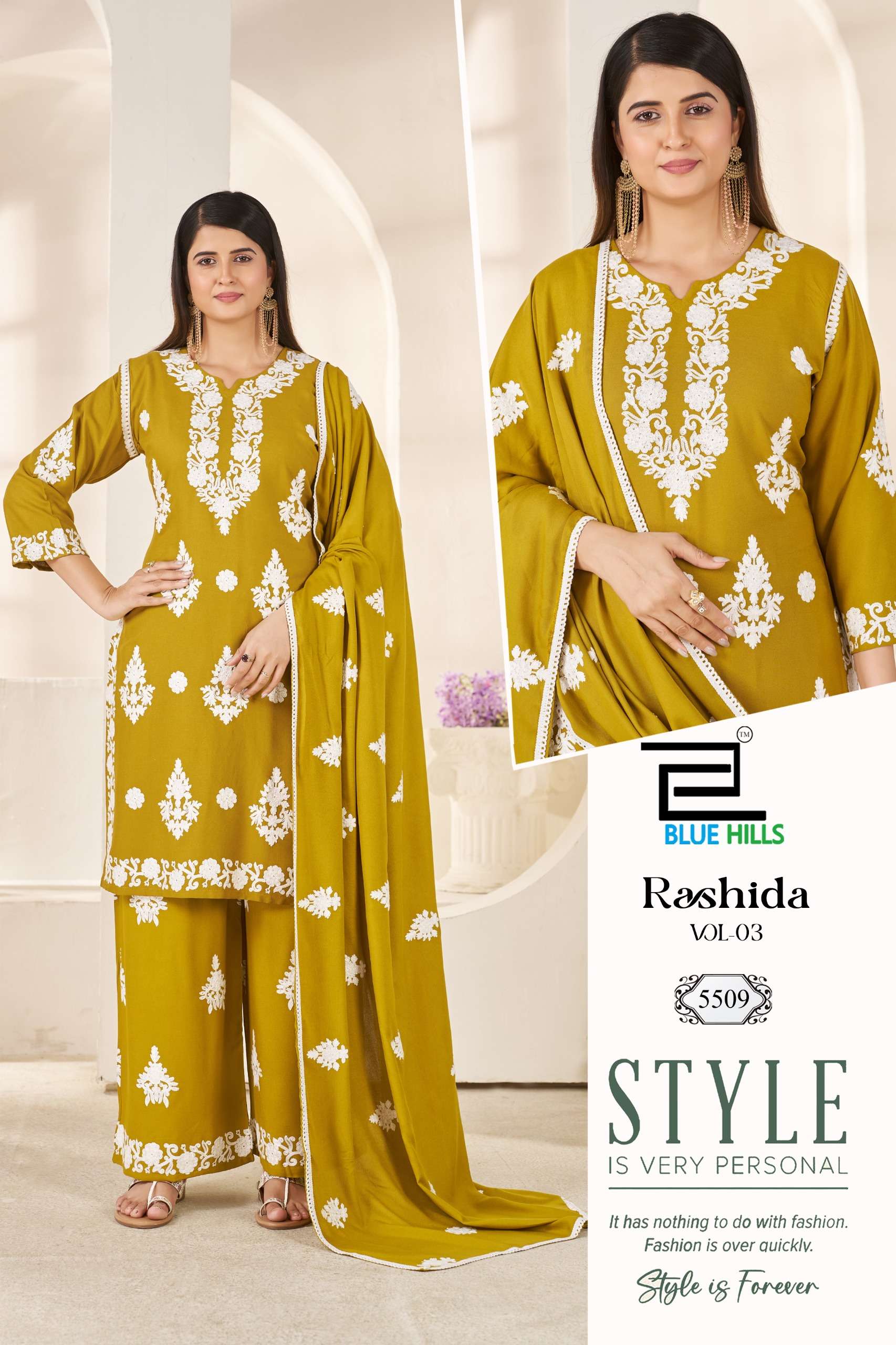 BLUE HILLS RASHIDA VOL 3 RAYON FANCY WORKS LADIES KURTI PLAZZO AND DUPATTA SET 