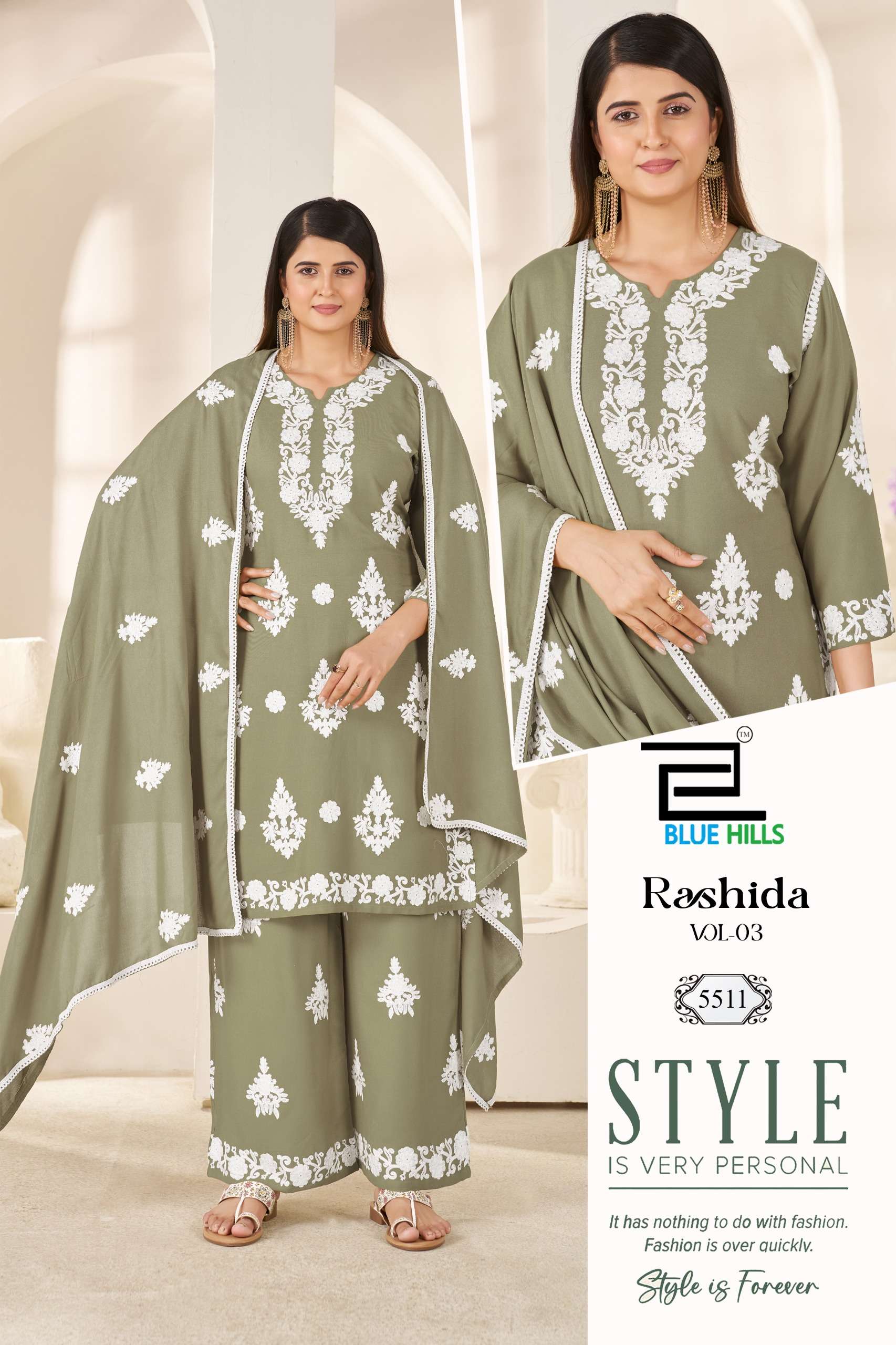 BLUE HILLS RASHIDA VOL 3 RAYON FANCY WORKS LADIES KURTI PLAZZO AND DUPATTA SET 