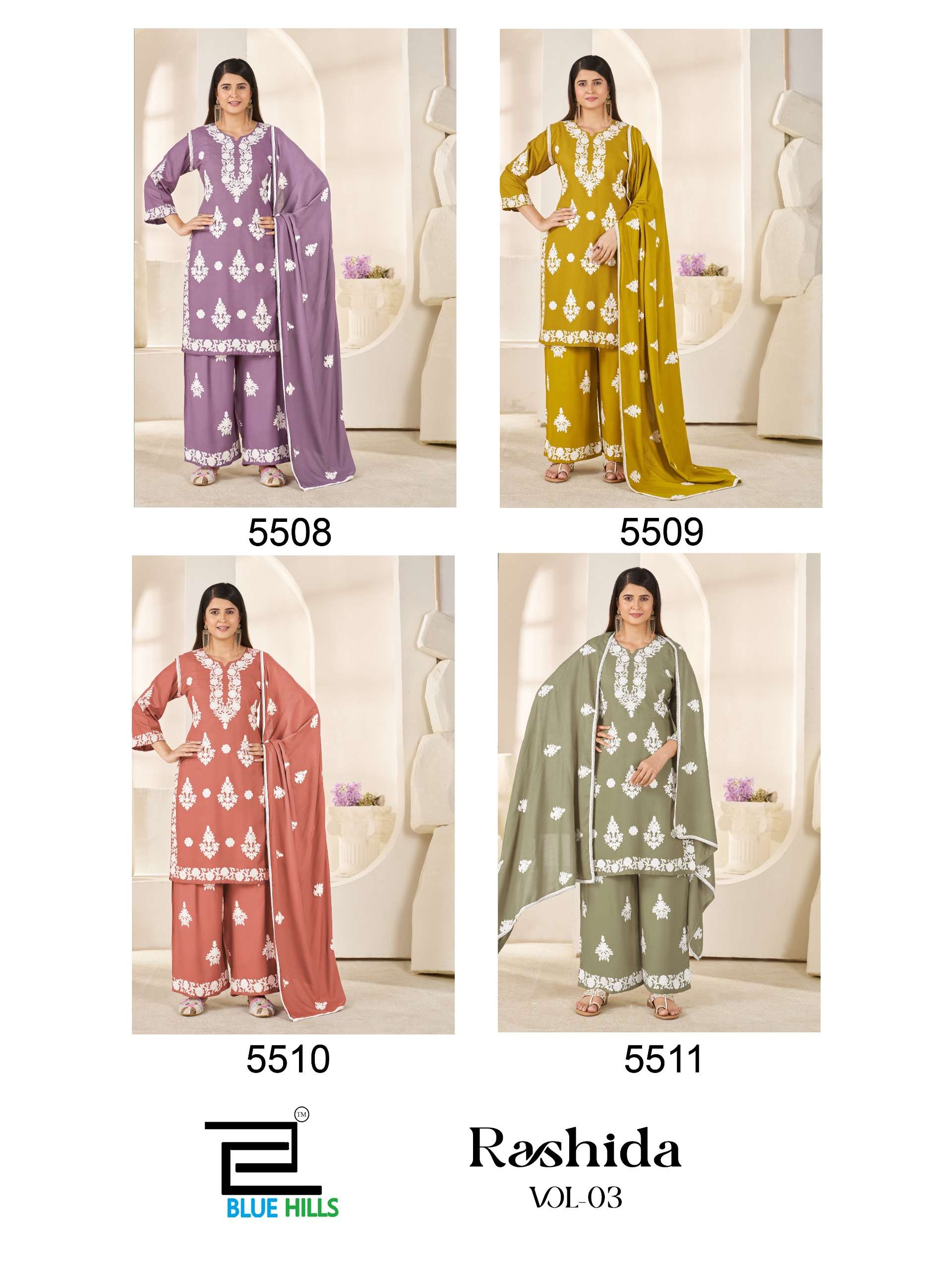 BLUE HILLS RASHIDA VOL 3 RAYON FANCY WORKS LADIES KURTI PLAZZO AND DUPATTA SET 