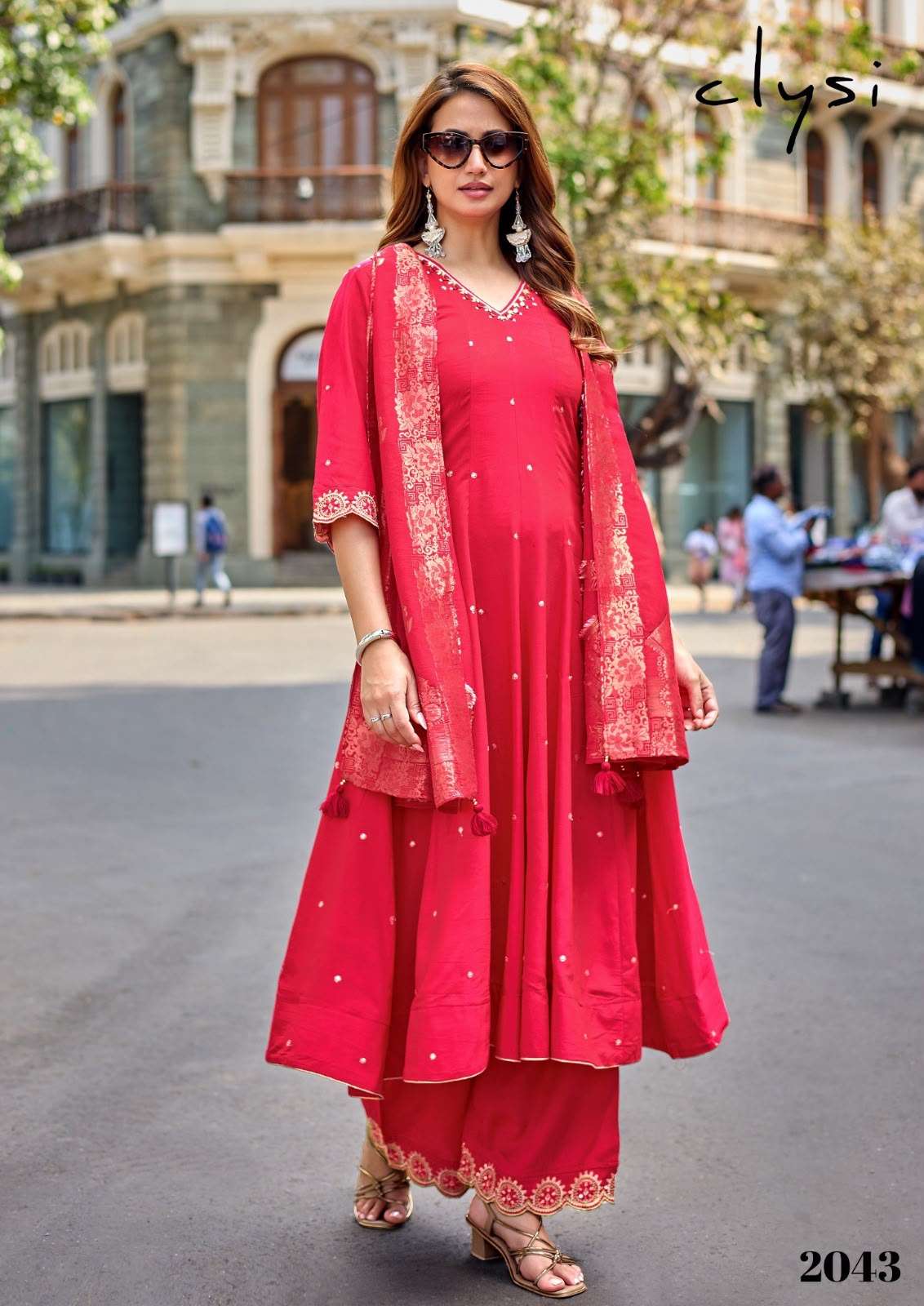 CLYSI ZAFIRA MUSLIN DESIGNER WORK ANARKALI STYLE KURTI PANT WITH DUPATTA 3PCS SET 