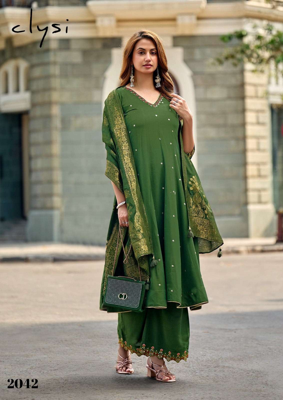 CLYSI ZAFIRA MUSLIN DESIGNER WORK ANARKALI STYLE KURTI PANT WITH DUPATTA 3PCS SET 