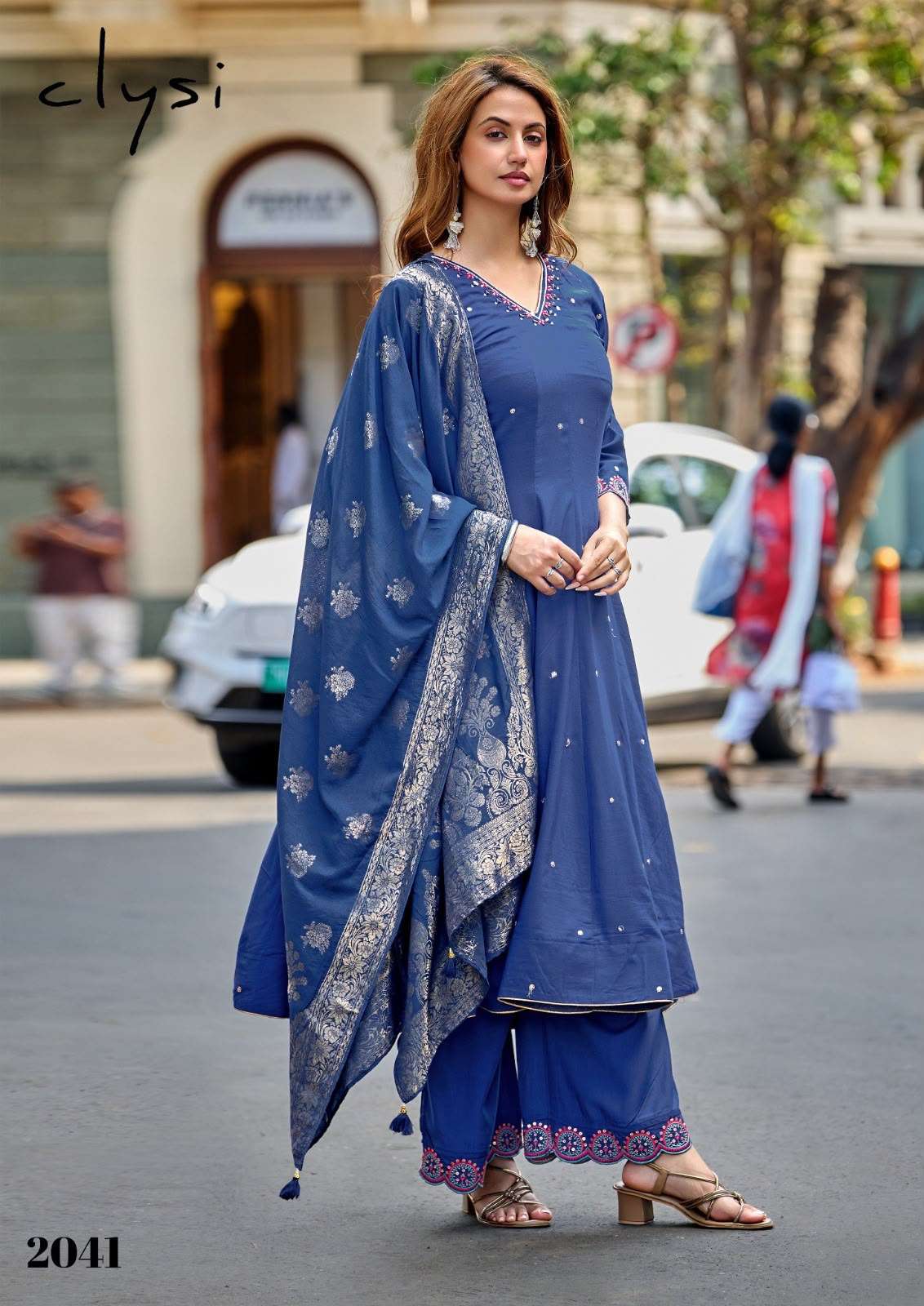 CLYSI ZAFIRA MUSLIN DESIGNER WORK ANARKALI STYLE KURTI PANT WITH DUPATTA 3PCS SET 