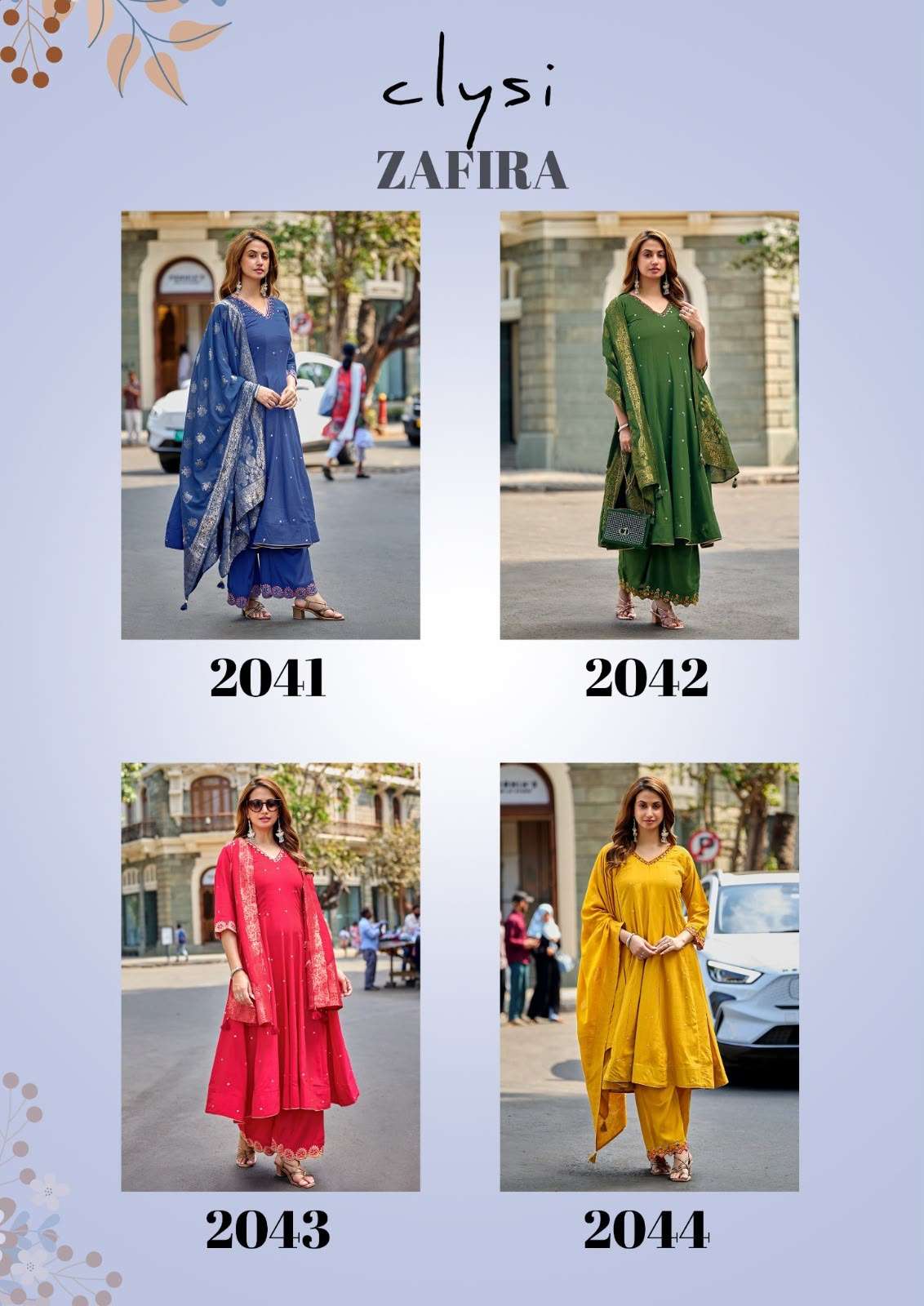 CLYSI ZAFIRA MUSLIN DESIGNER WORK ANARKALI STYLE KURTI PANT WITH DUPATTA 3PCS SET 